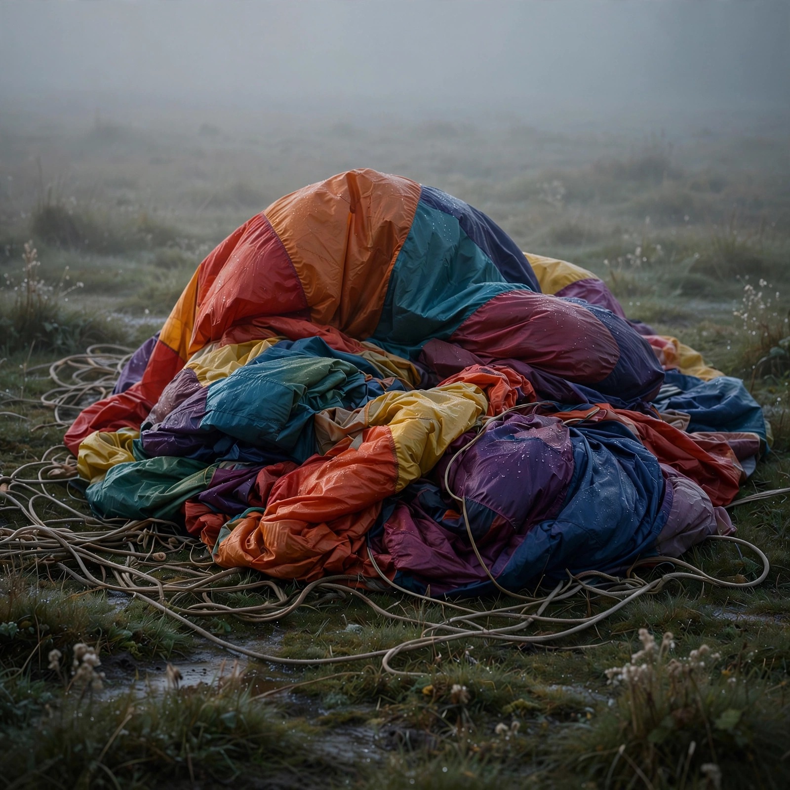 Collapsed colorful hot air balloon lying in a misty empty field at dawn, sad WhatsApp DP
