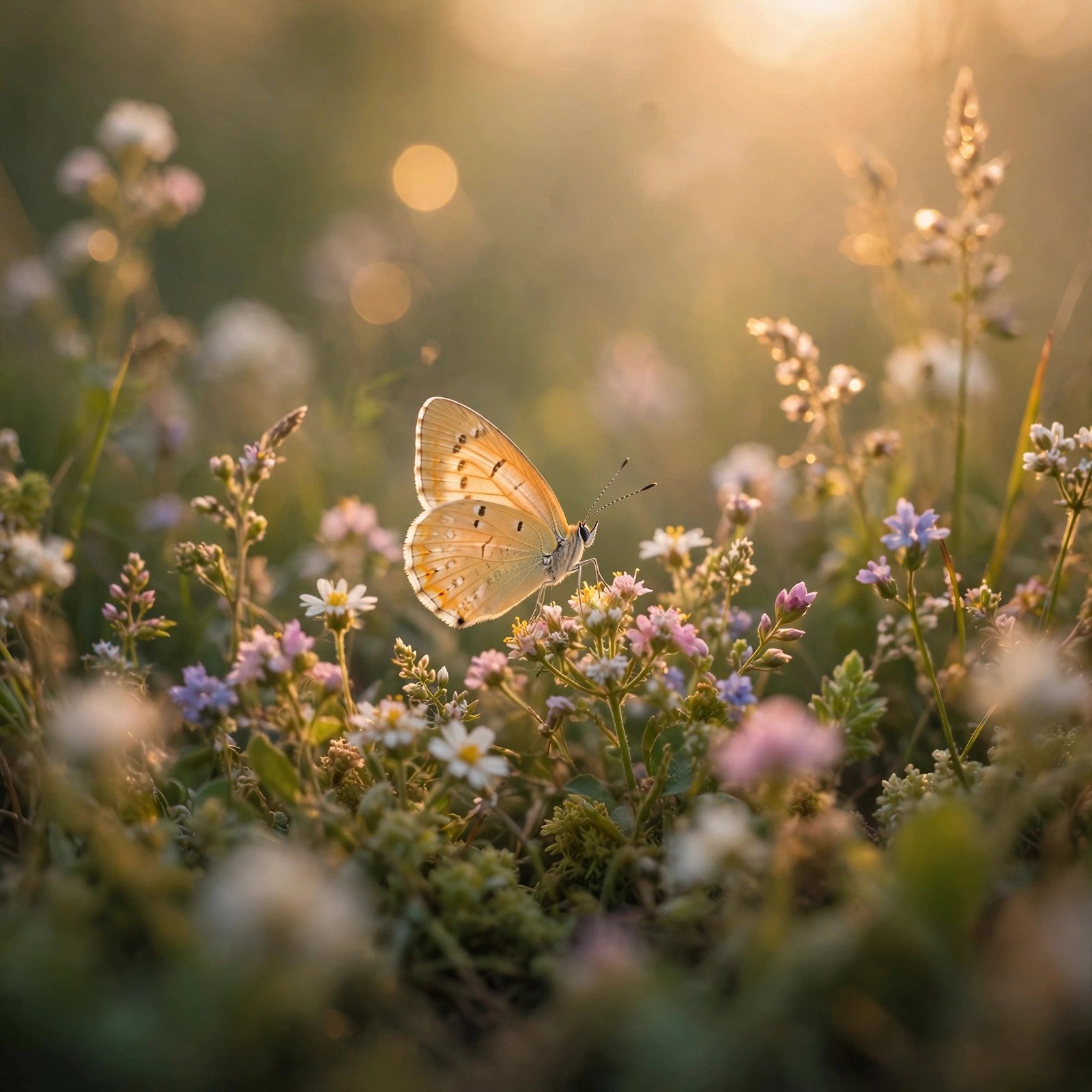 Delicate butterfly resting on wildflowers bathed in golden hour light