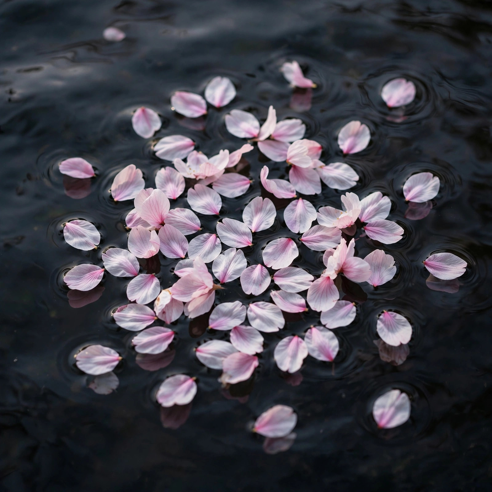 Delicate cherry blossom petals floating on dark still water