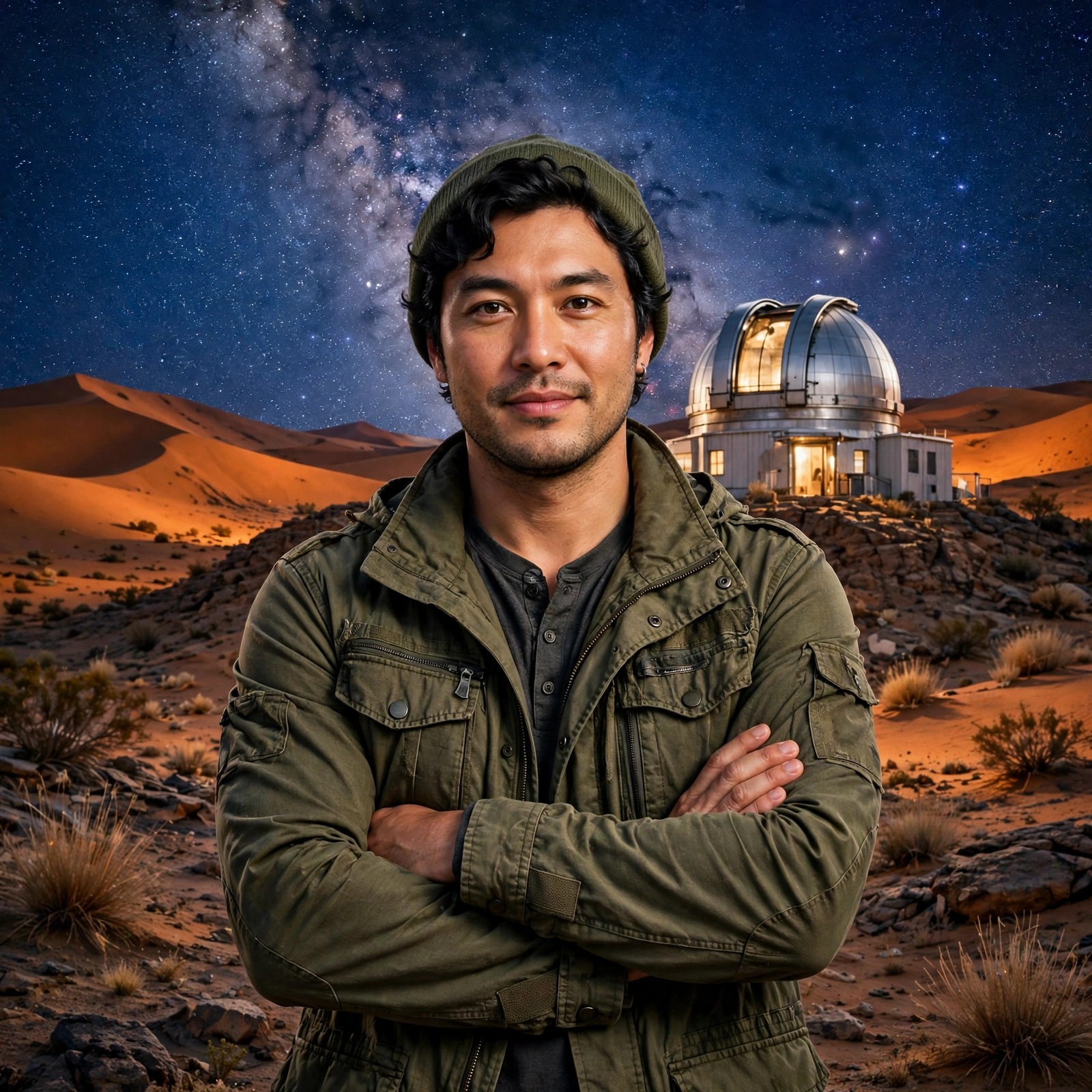 Confident astronomer attitude profile picture at a desert observatory
