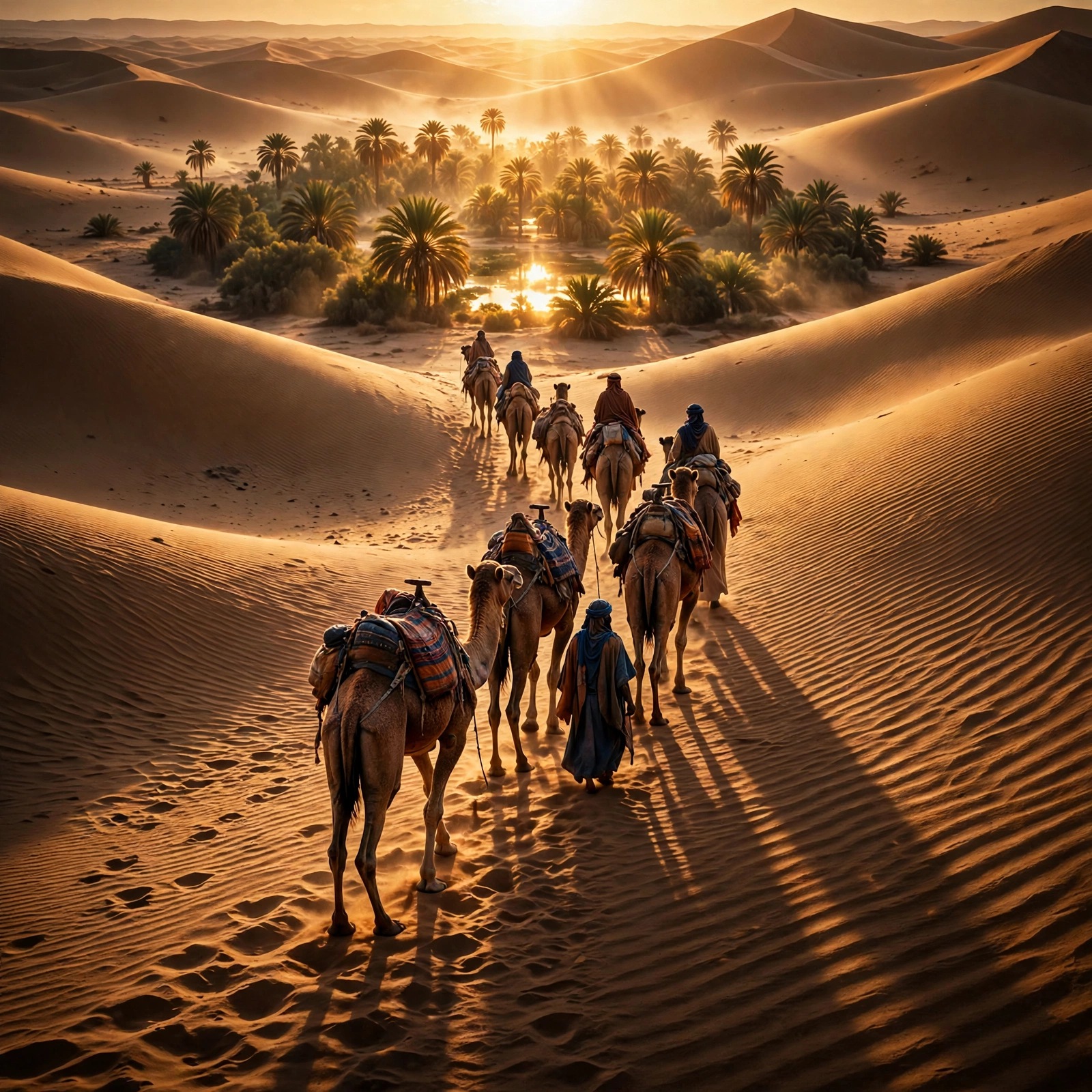 Camel caravan crossing golden dunes toward a glowing oasis at sunrise, square motivational profile picture