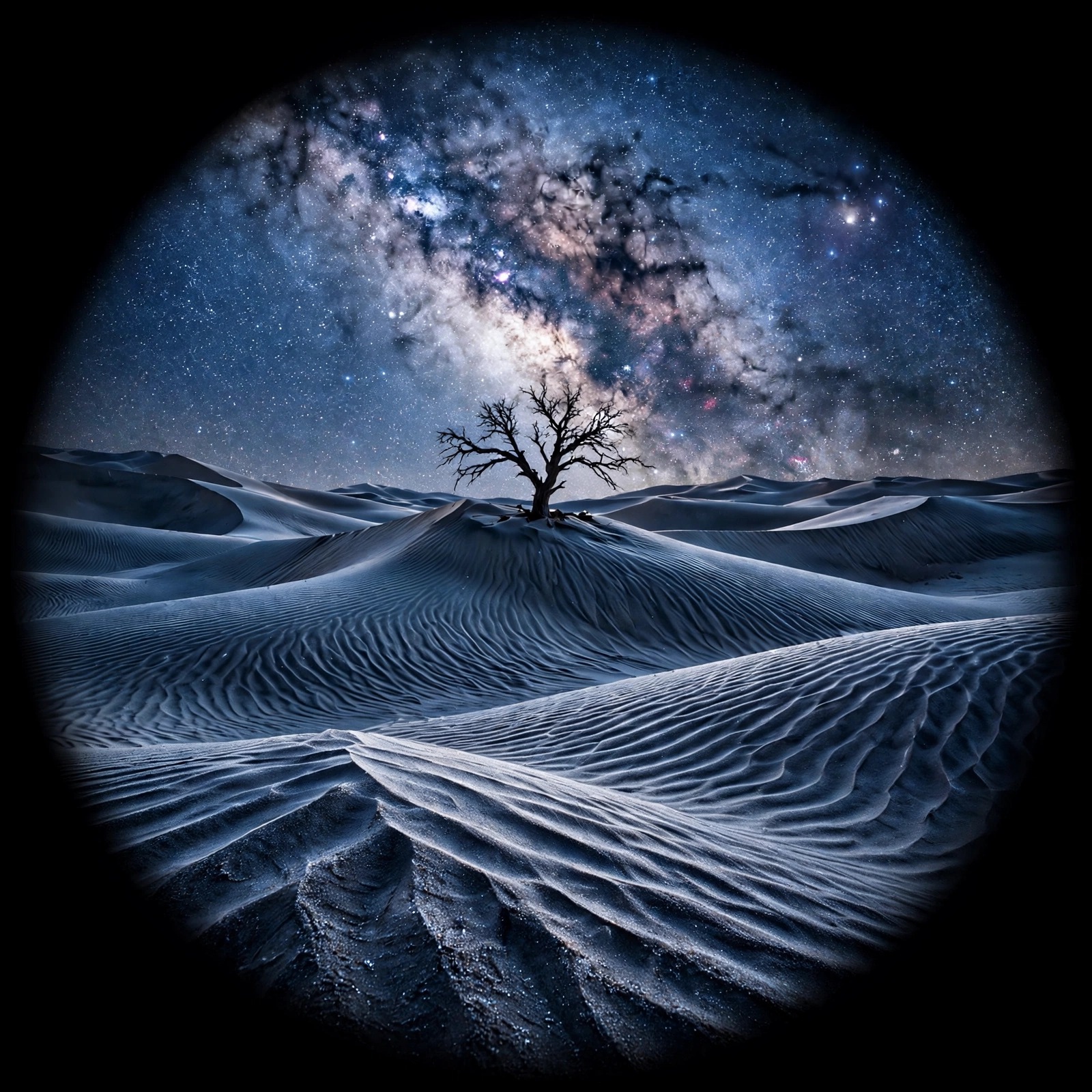 Sand dunes under a brilliant Milky Way night sky with a lone tree, nature DP