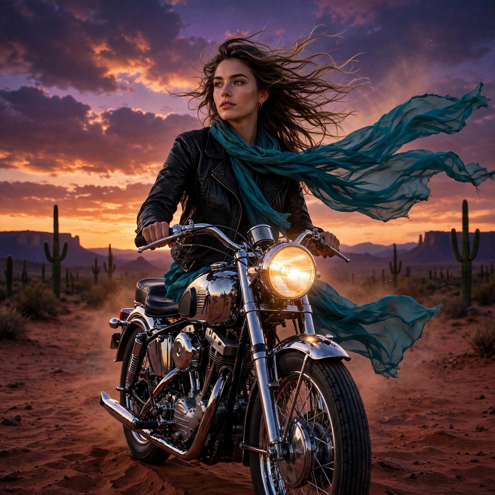 Woman Rider on a Vintage Motorcycle at Desert Dusk — free WhatsApp DP for girls
