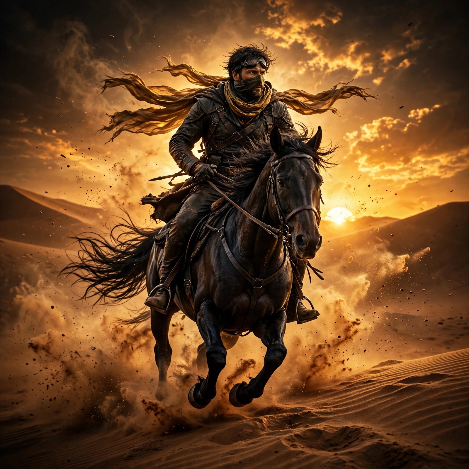 rider galloping black horse on desert dune at sunset attitude dp