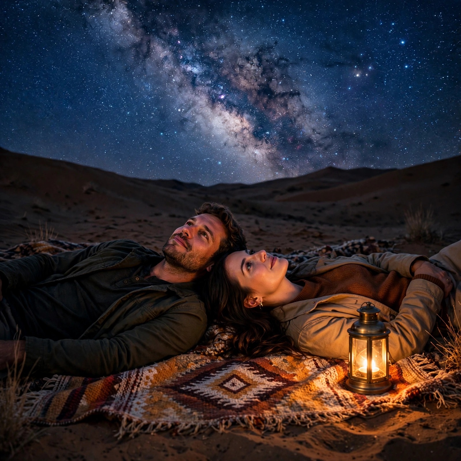 couple stargazing on desert blanket under milky way love dp