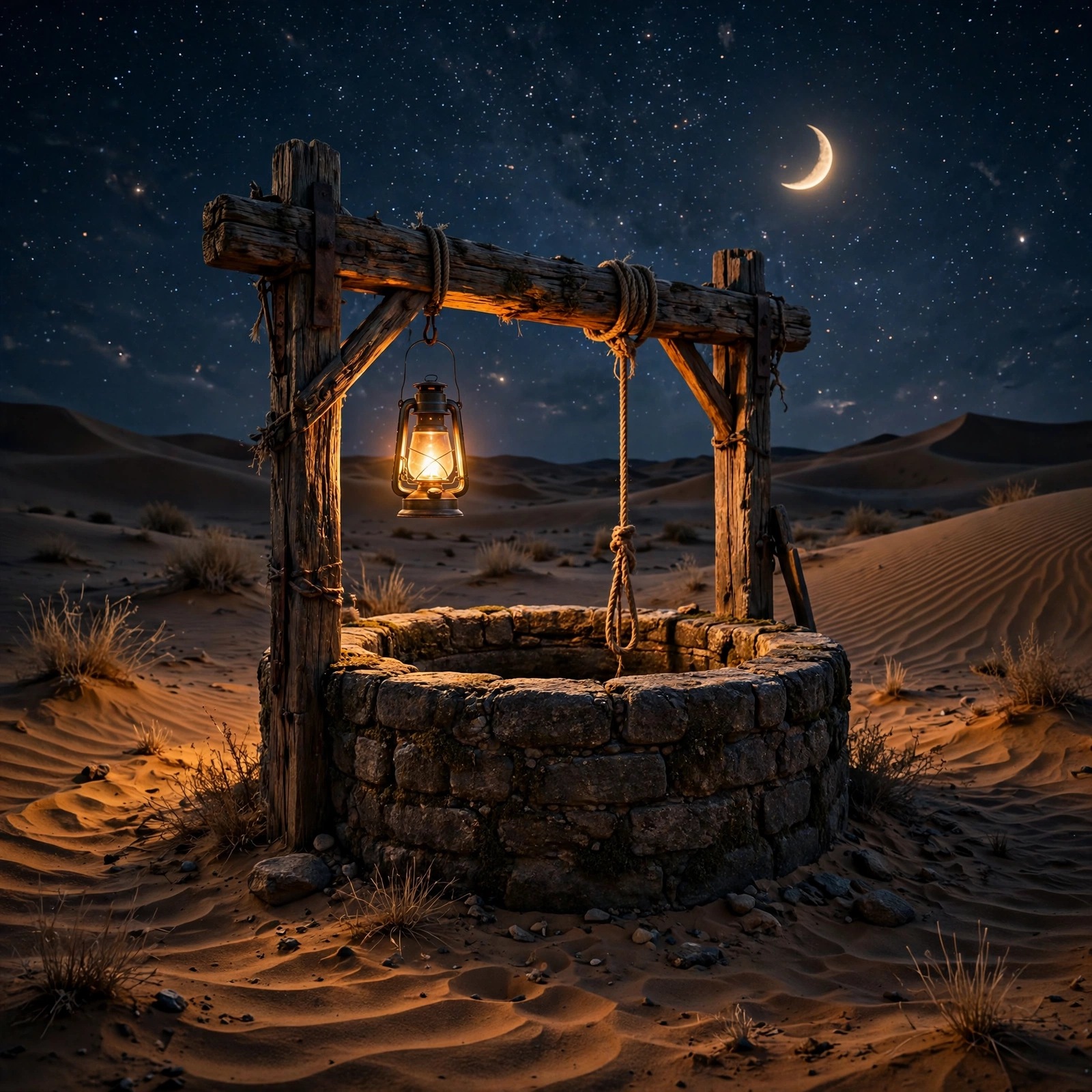 Ancient stone desert well with weathered wooden beam and hanging lantern under a starry sky with a glowing crescent moon over rippling dunes