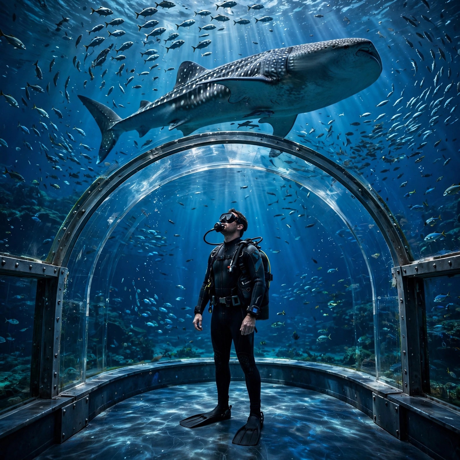 Scuba diver in an aquarium tunnel with a whale shark gliding overhead, square boys profile picture