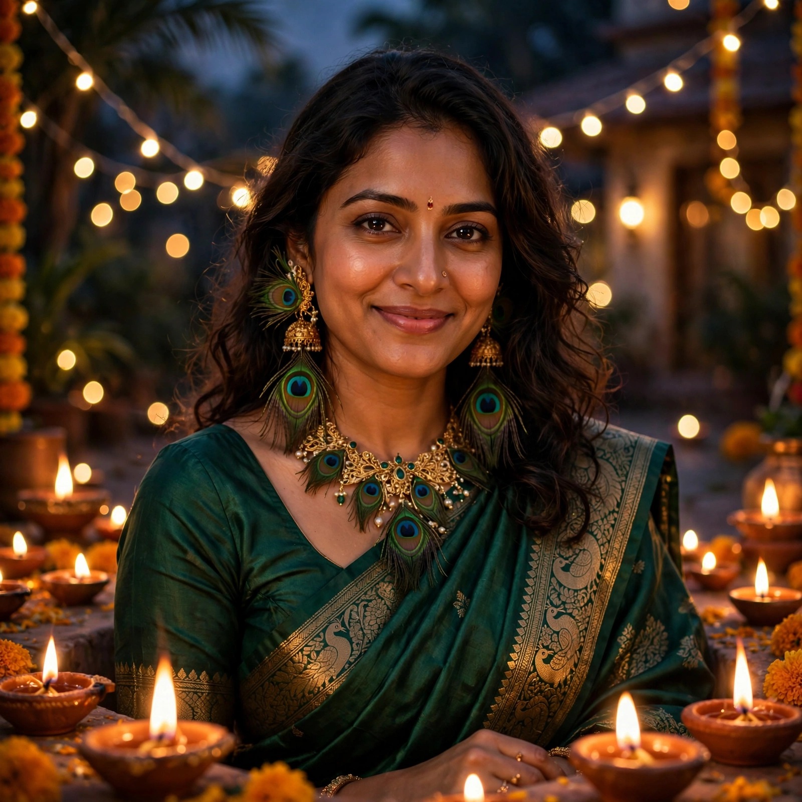 Woman in emerald saree with peacock jewelry among Diwali diyas and fairy lights