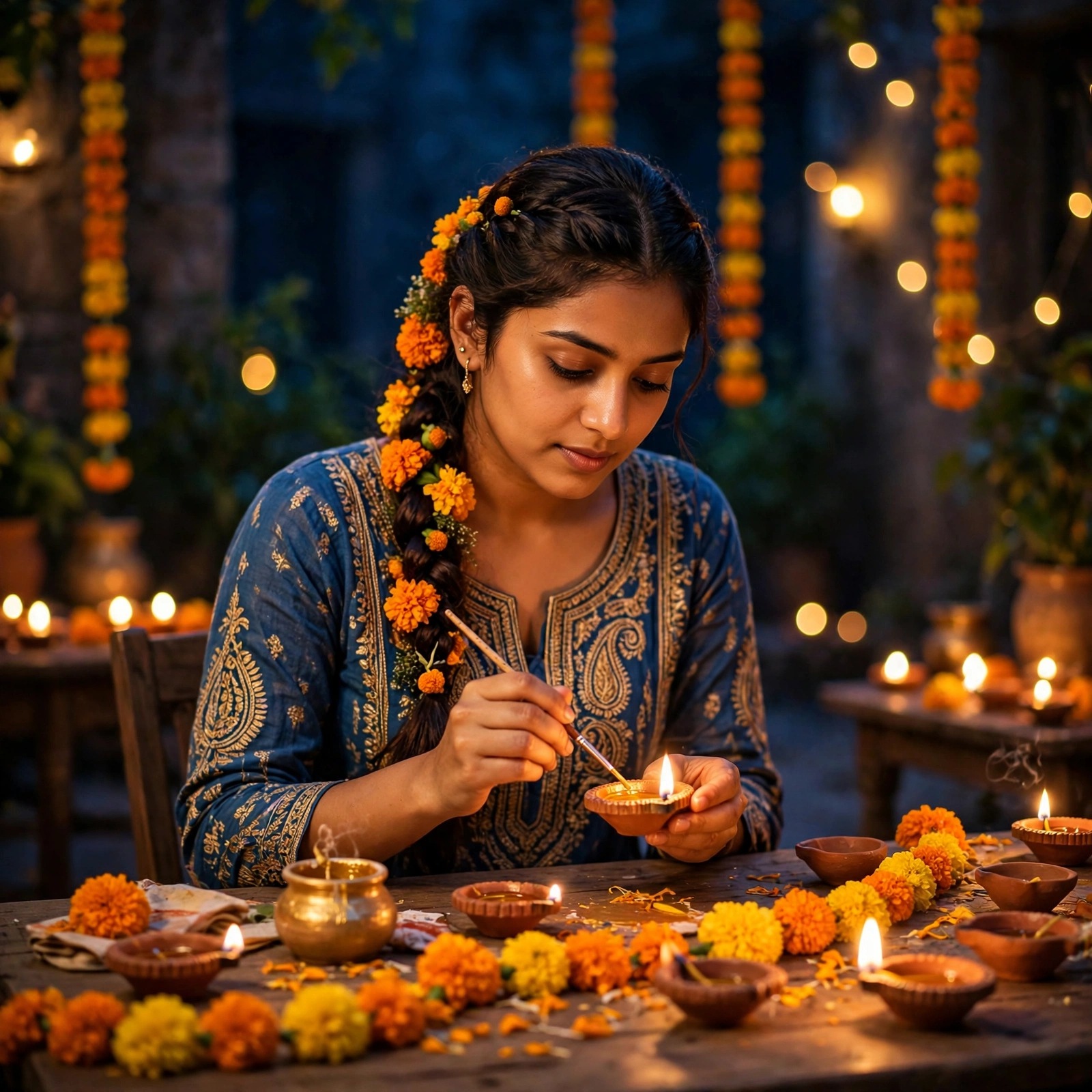 Woman painting diya lamps with marigolds on Diwali eve, WhatsApp DP for girls