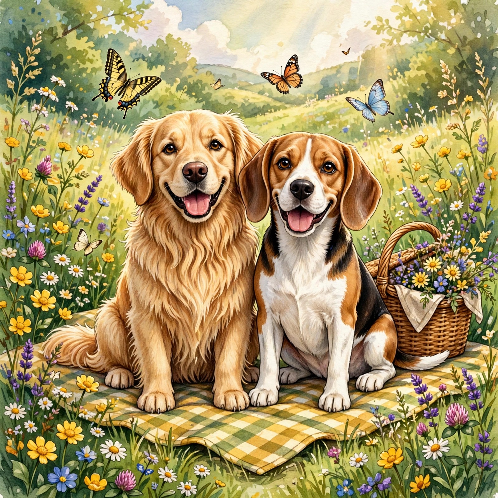 dogs at picnic blanket in wildflower meadow friendship dp