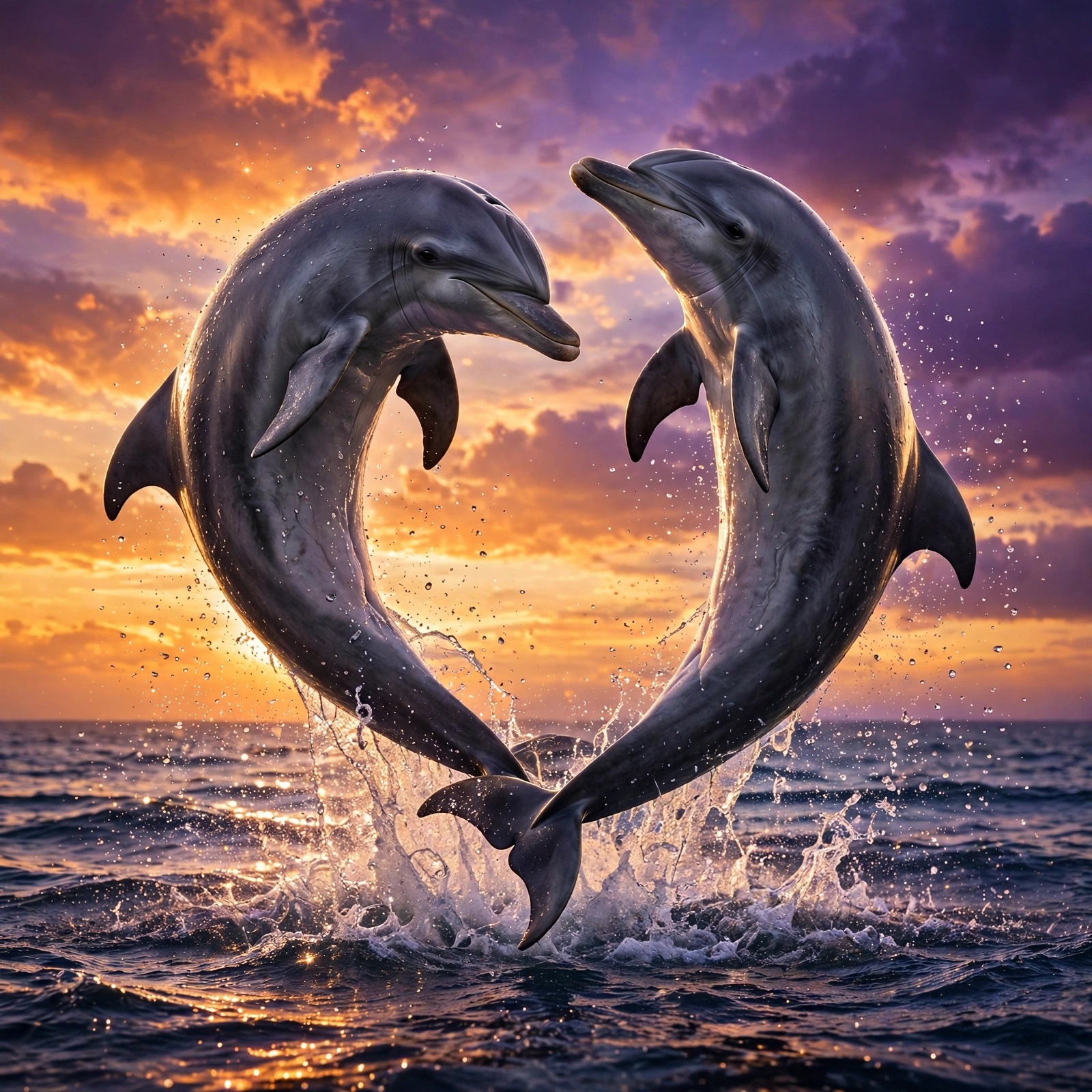 Two dolphins leaping in a heart shape at sunset over sparkling ocean waves