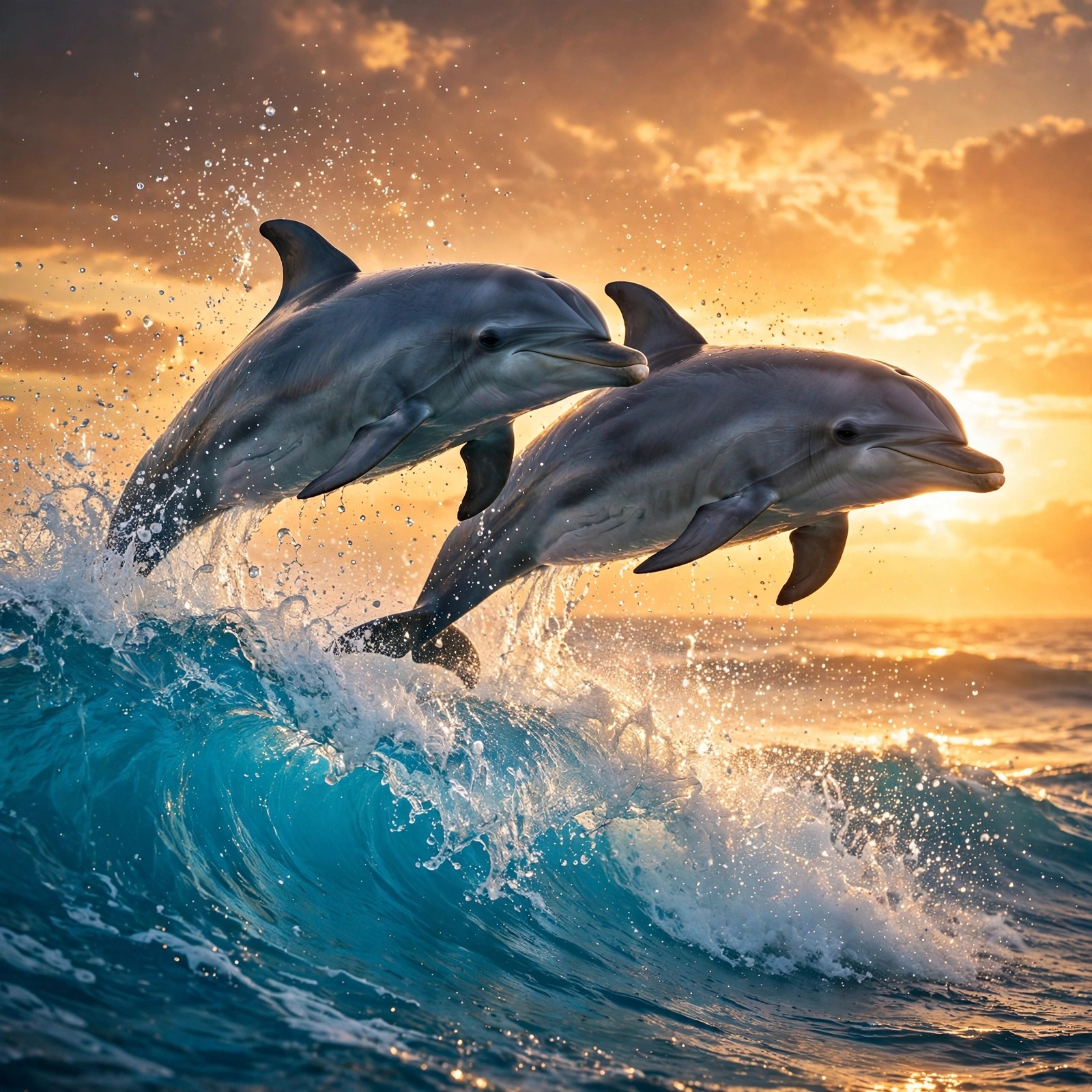 Two dolphins leaping over an ocean wave at sunset, friendship DP