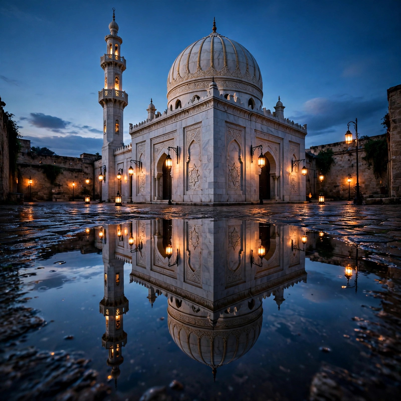 Marble mosque dome and minaret reflected in a rain puddle at dusk, Islamic DP