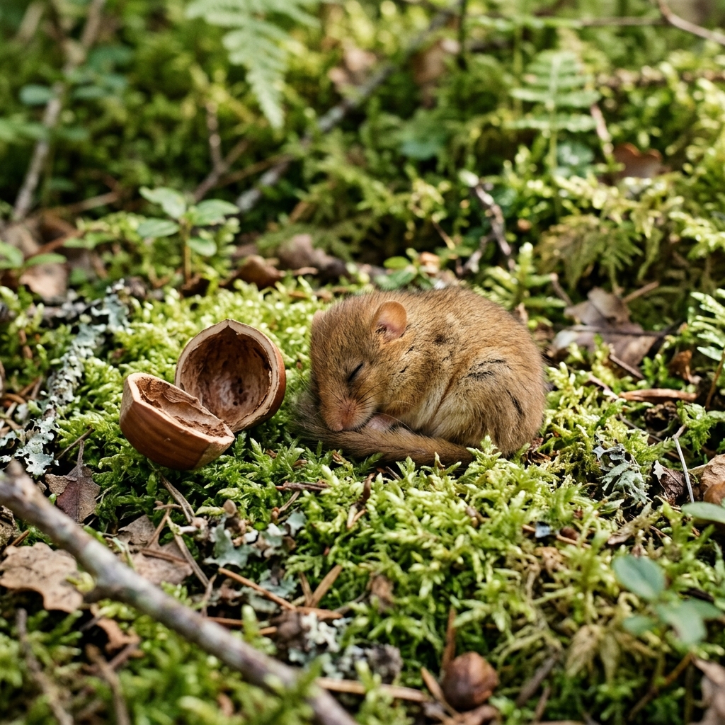 A tiny dormouse curls beside an open hazelnut shell on moss