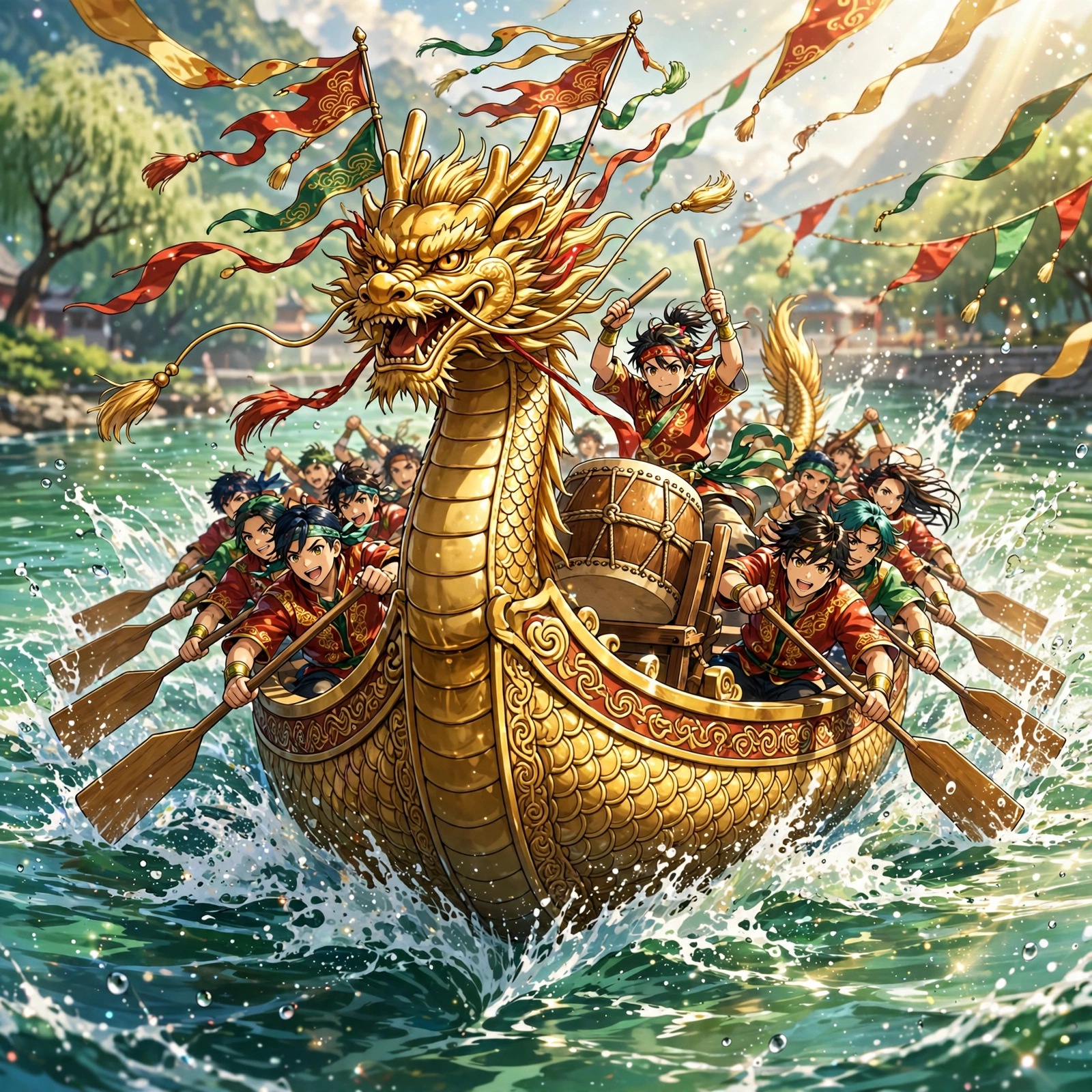 golden dragon boat racing on river anime dp