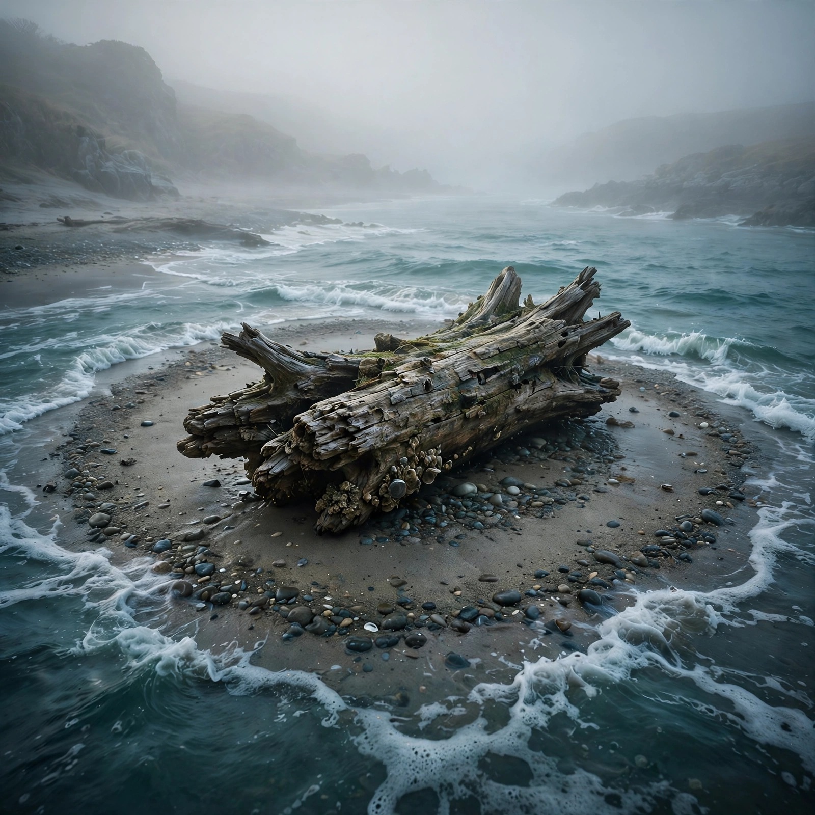 Weathered driftwood on a grey foggy shore with a cold teal sea, sad DP