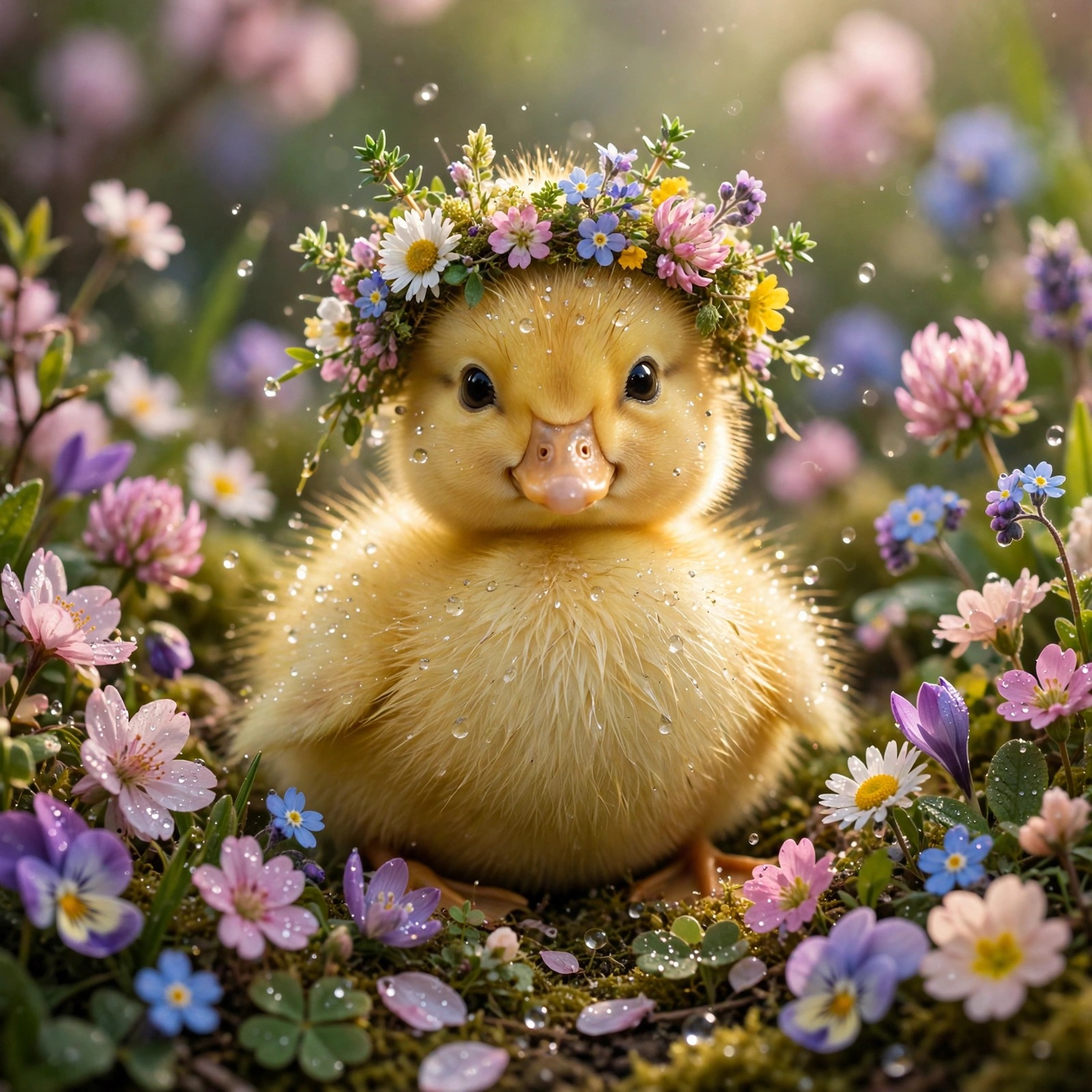 fluffy duckling with wildflower crown among blossoms cute dp