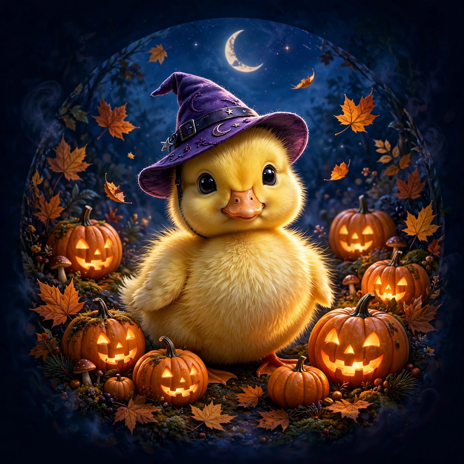 Fluffy duckling wearing a tiny purple witch hat among glowing pumpkins at Halloween night, cute profile DP