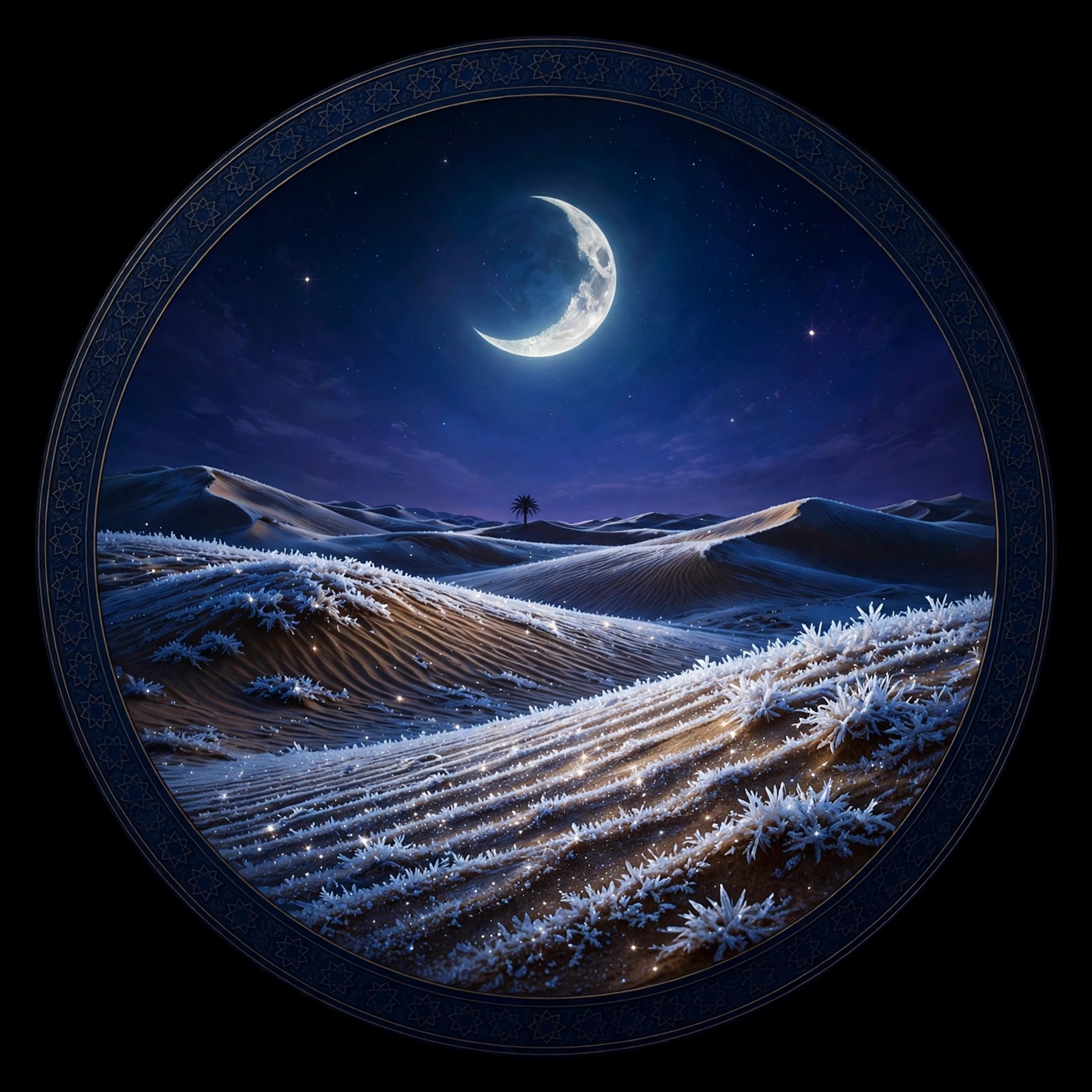 Snow-Dusted Dunes under a Crescent Moon - Islamic WhatsApp DP