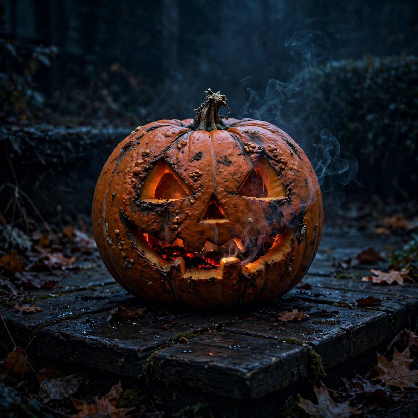 Dying jack-o-lantern with its last glow guttering out on a dark porch step, sad DP