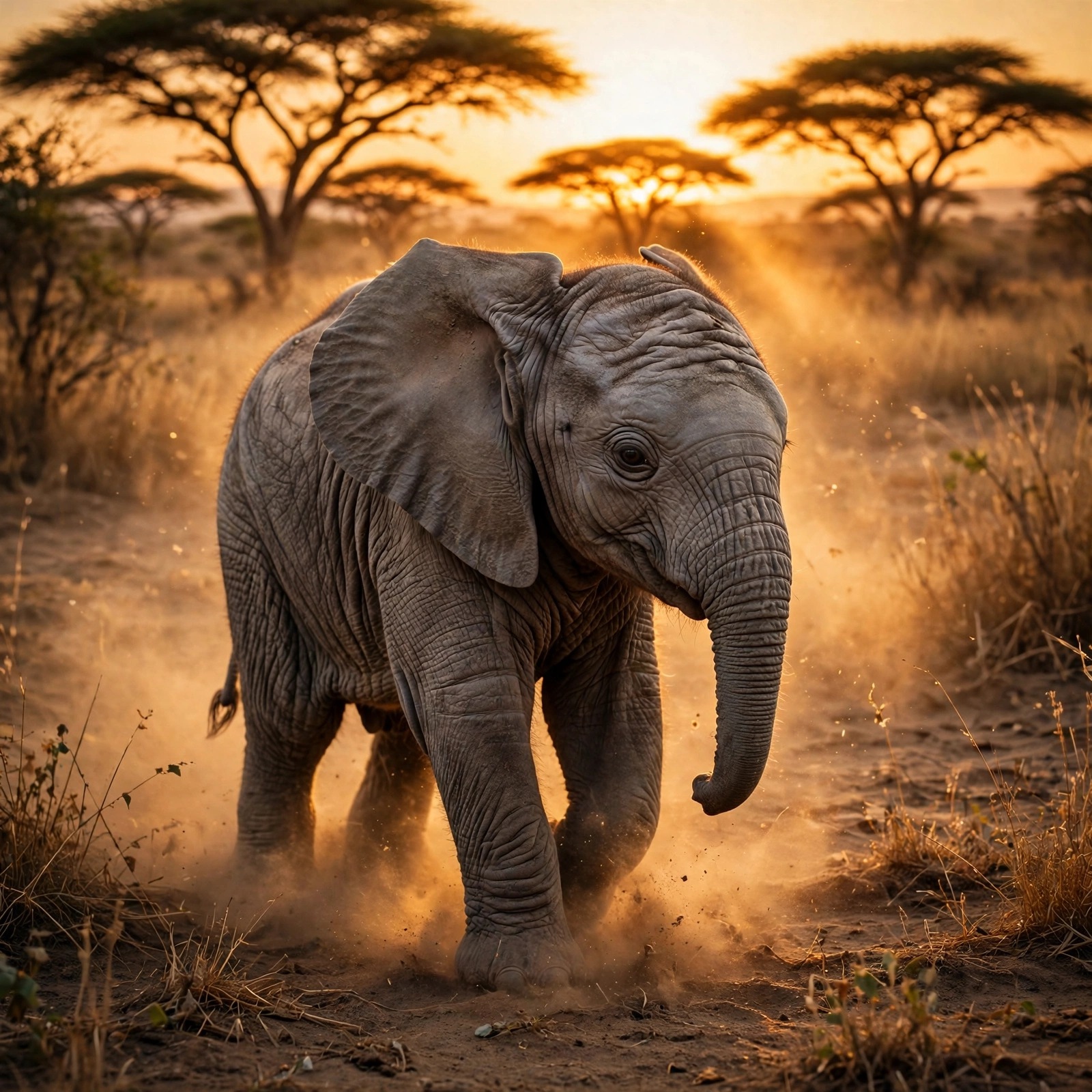 Baby elephant profile picture in golden savanna dust