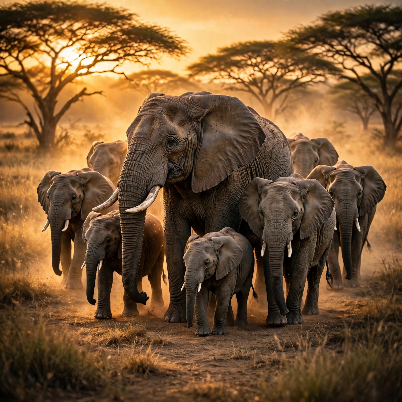 Elephant Herd Crossing the Savanna at Sunrise