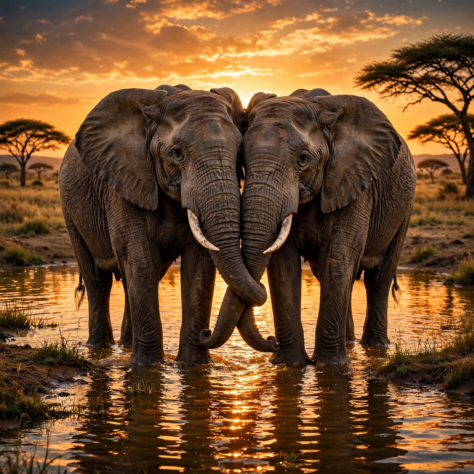 Two elephants with intertwined trunks at a golden waterhole at sunset, majestic animal love DP