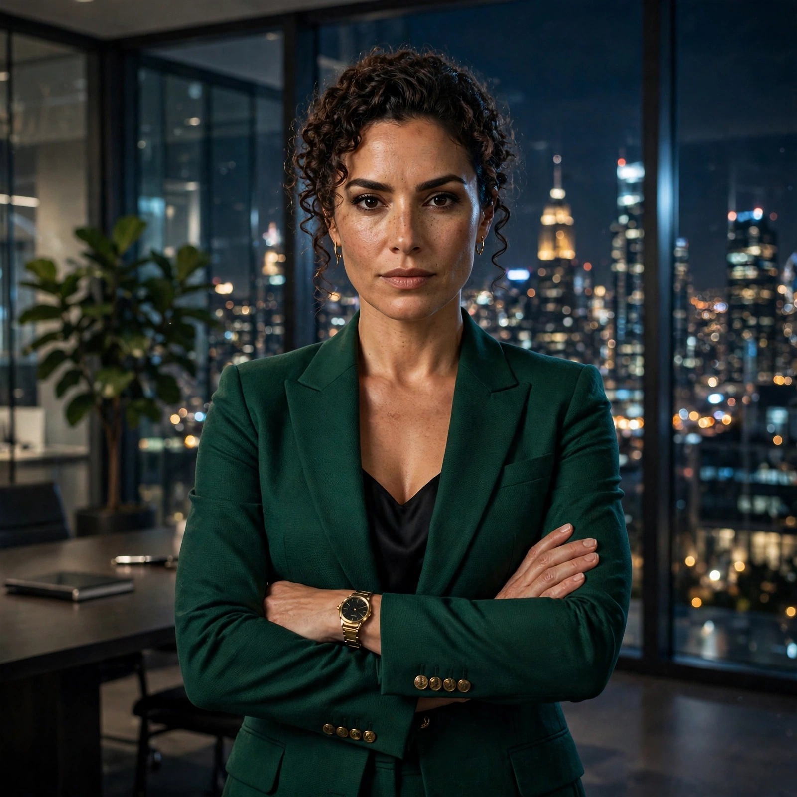 fictional adult woman ceo in emerald suit, arms crossed in night office attitude dp