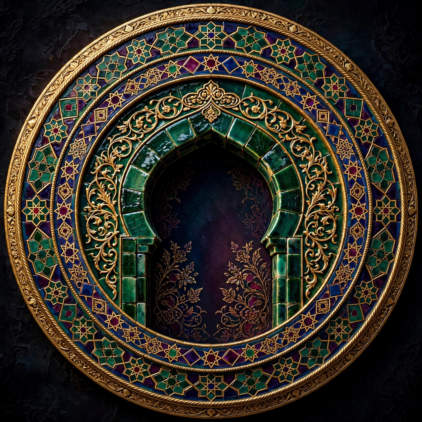 Emerald tile arch with gold arabesque ornament