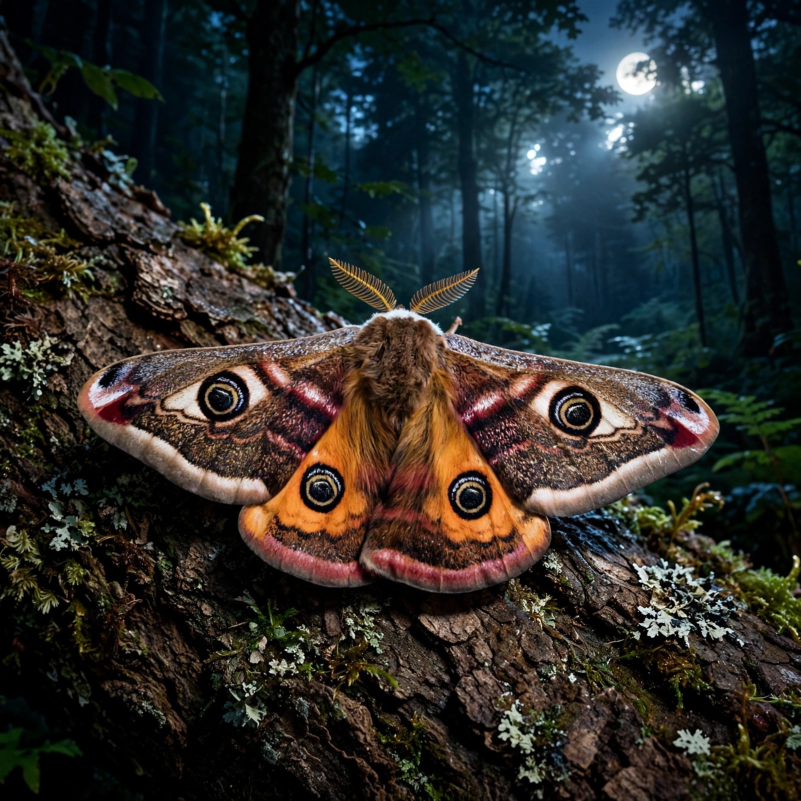 Emperor Moth on Oak at Night