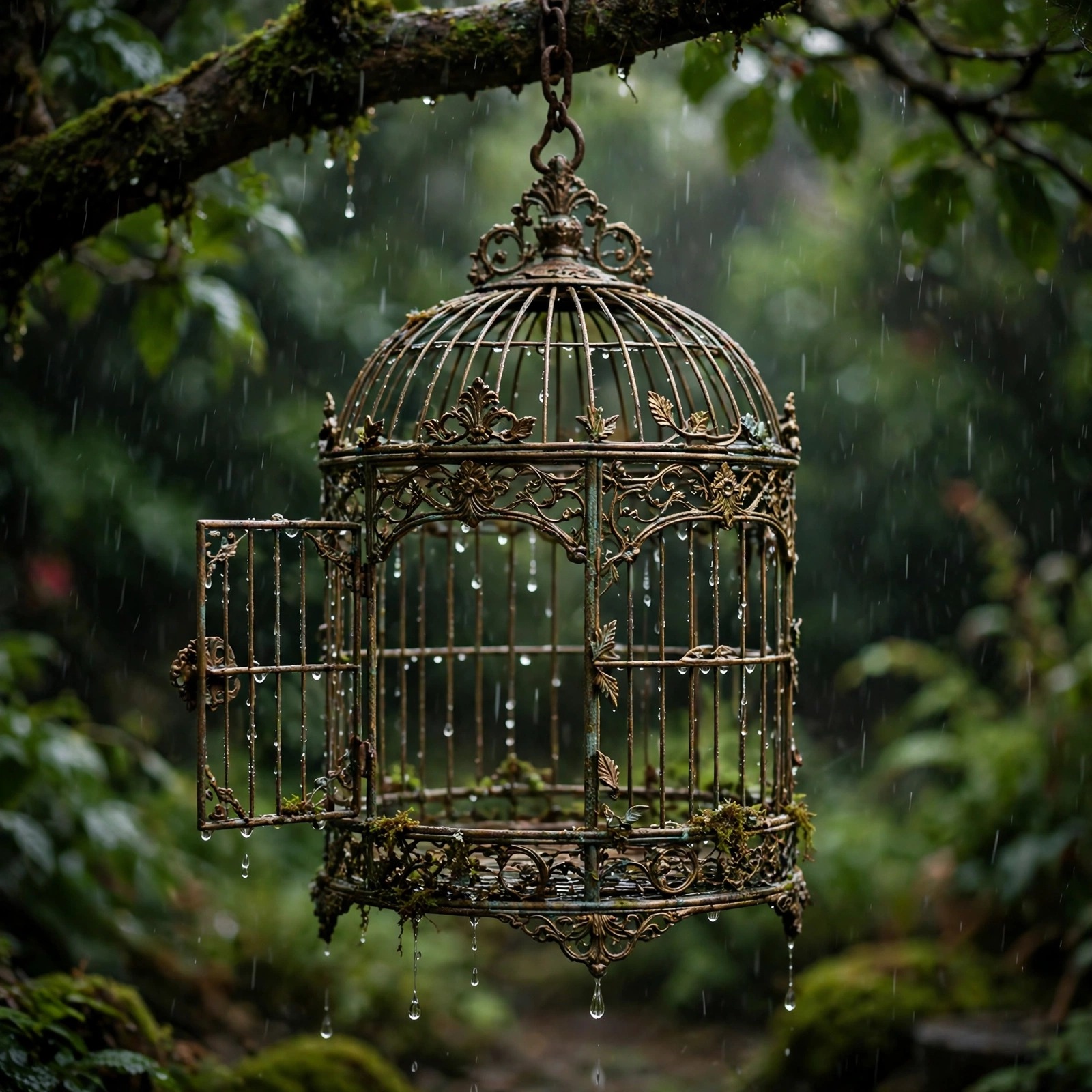 Empty Birdcage Hanging in a Rainy Garden