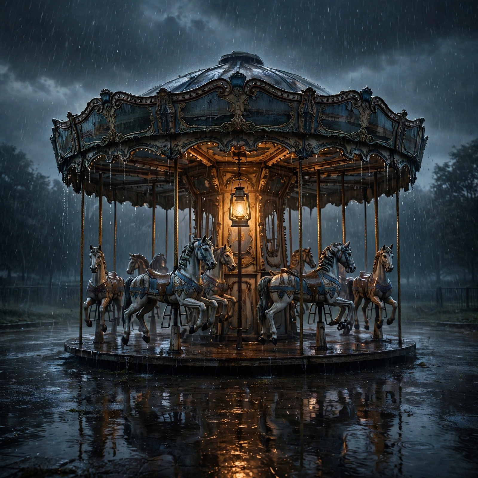abandoned carousel standing still in night rain sad dp