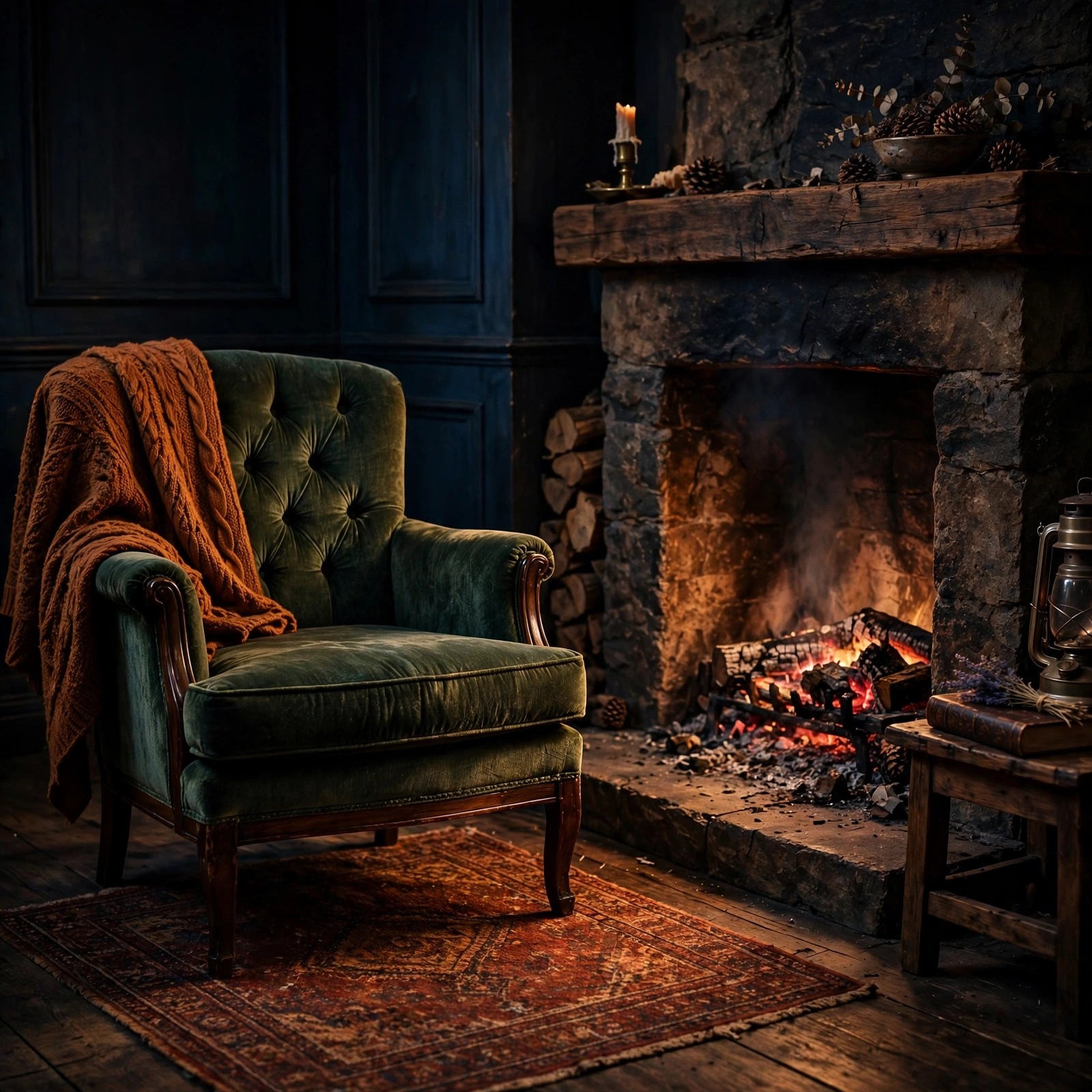 Empty chair fireplace embers DP