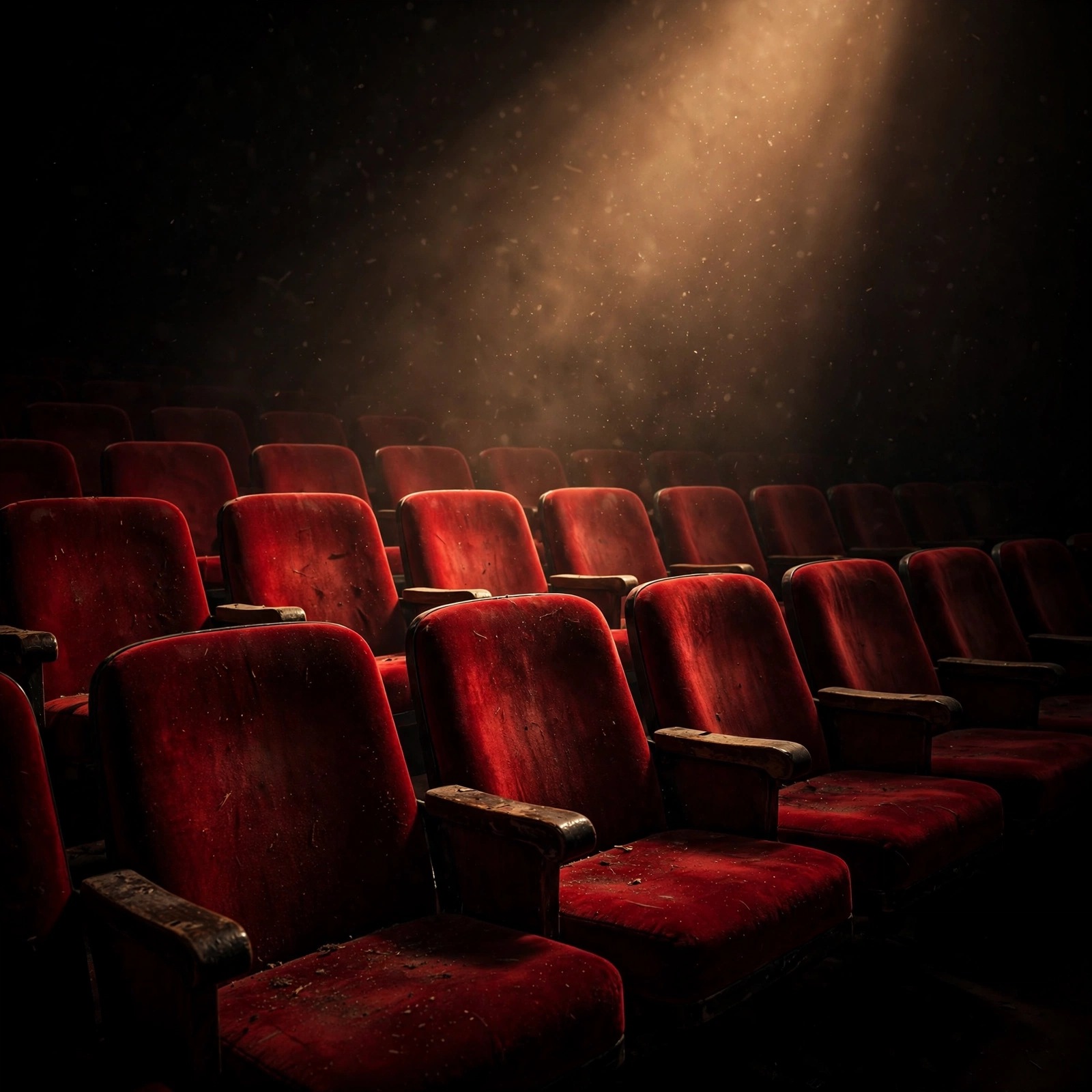 Rows of empty red velvet cinema seats in darkness under projector light, sad WhatsApp DP
