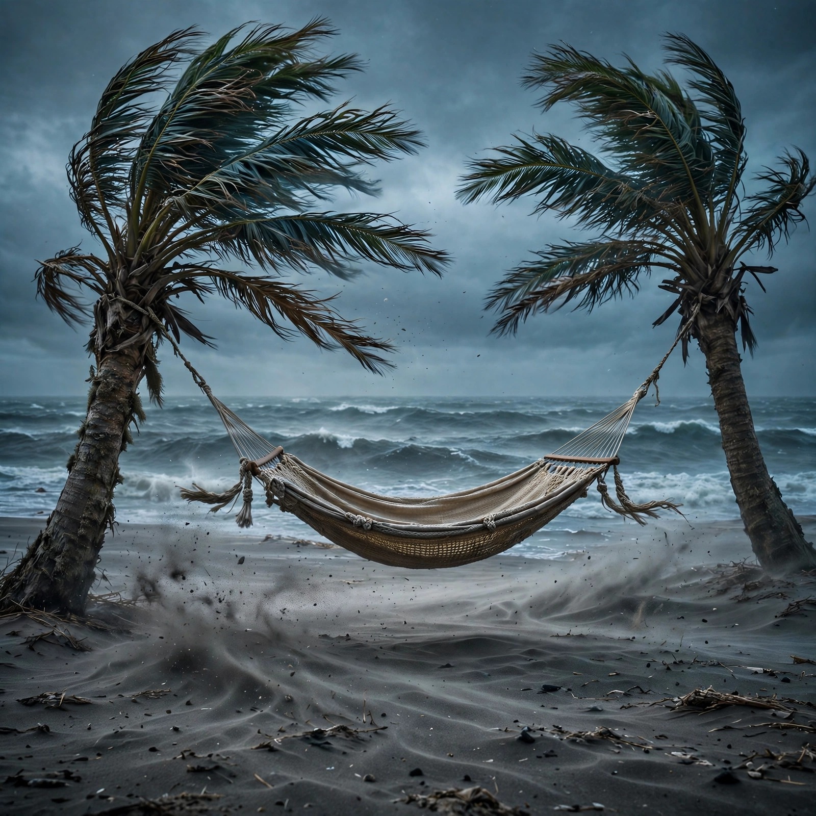 Empty hammock swaying between palms on a deserted windy grey beach, sad WhatsApp DP