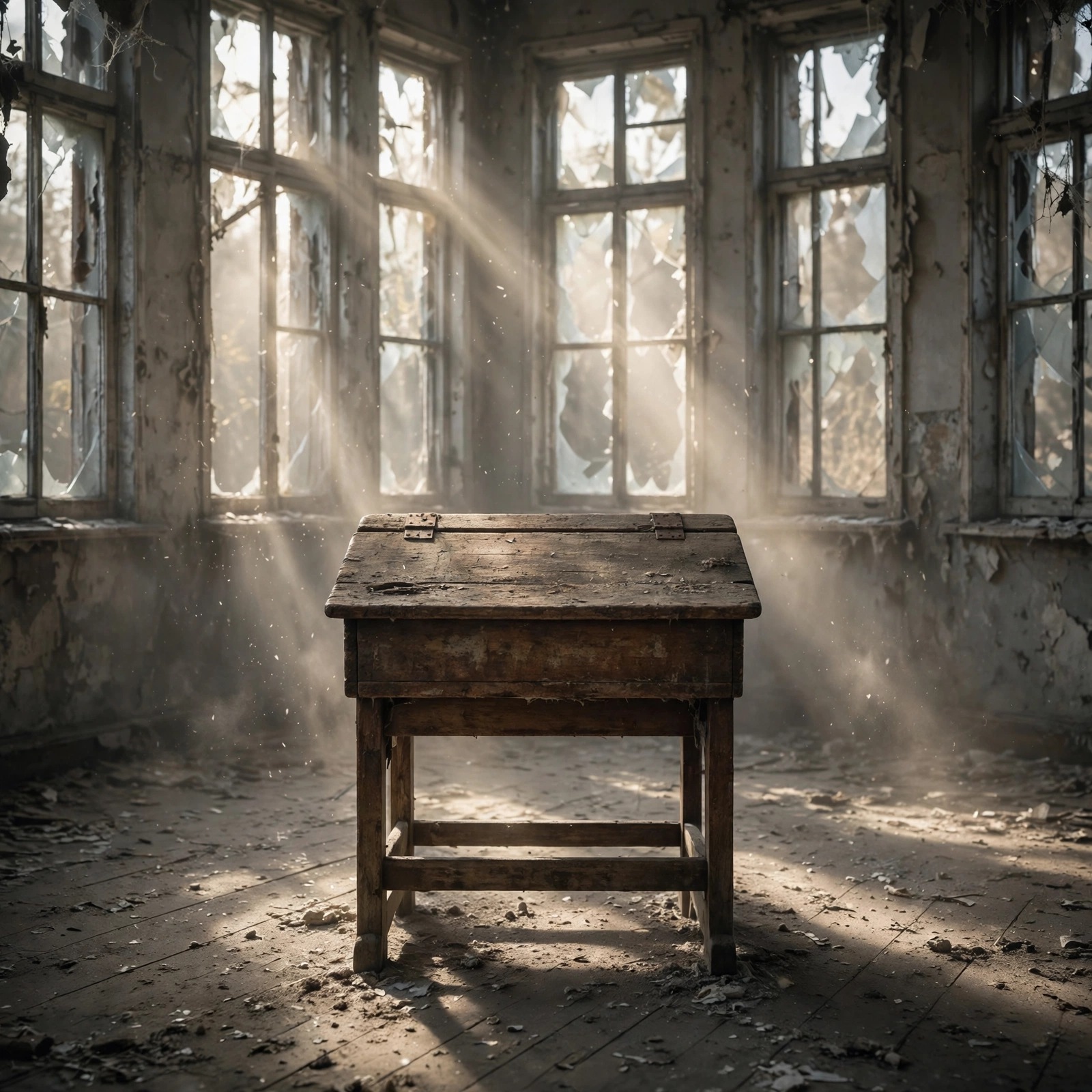 Single old school desk alone in an abandoned dusty classroom with light shafts, sad WhatsApp DP