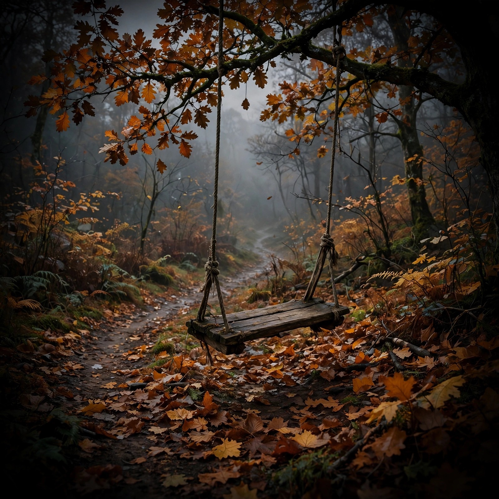 Empty swing in misty autumn park