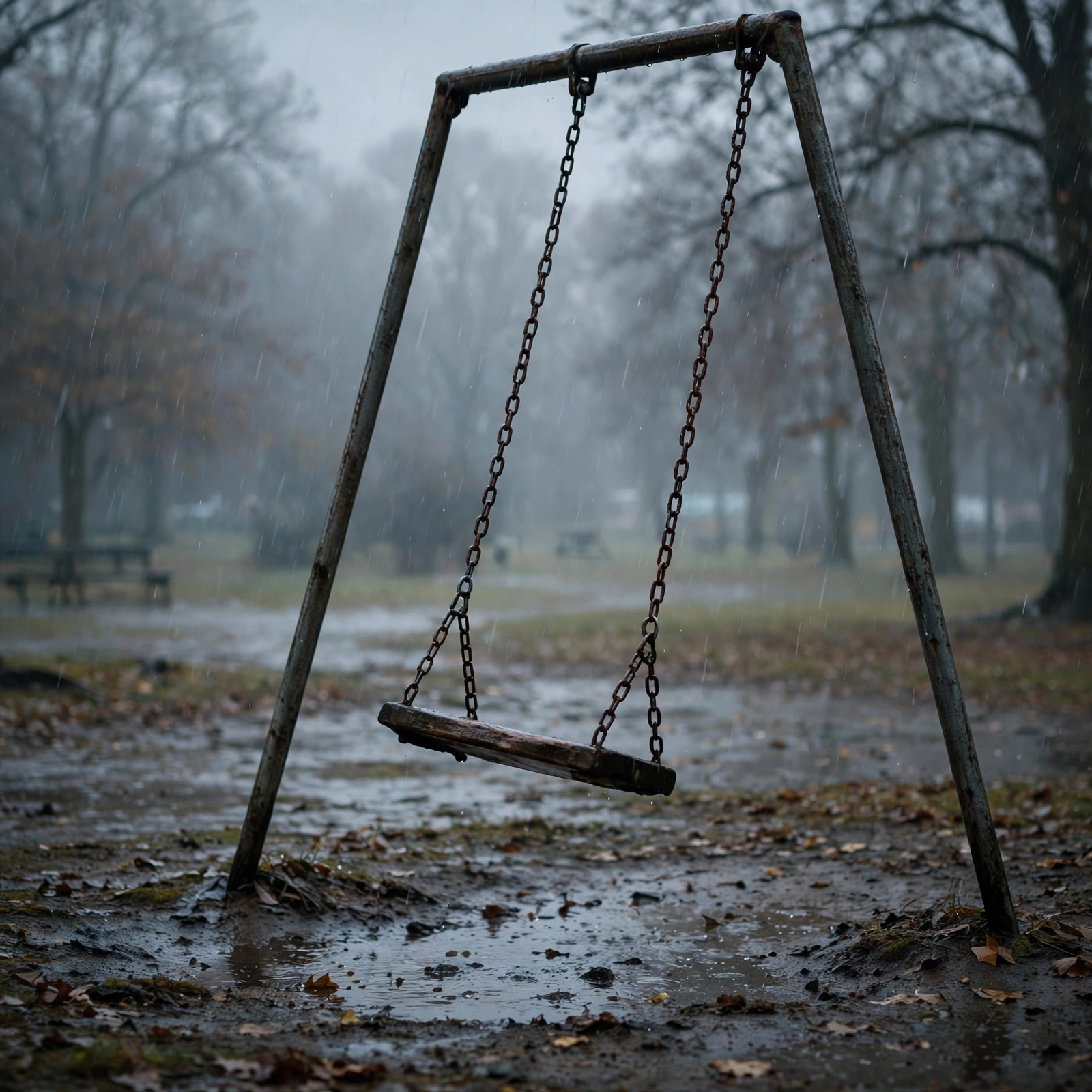 Empty swing swaying gently in cold rain in a gray deserted park