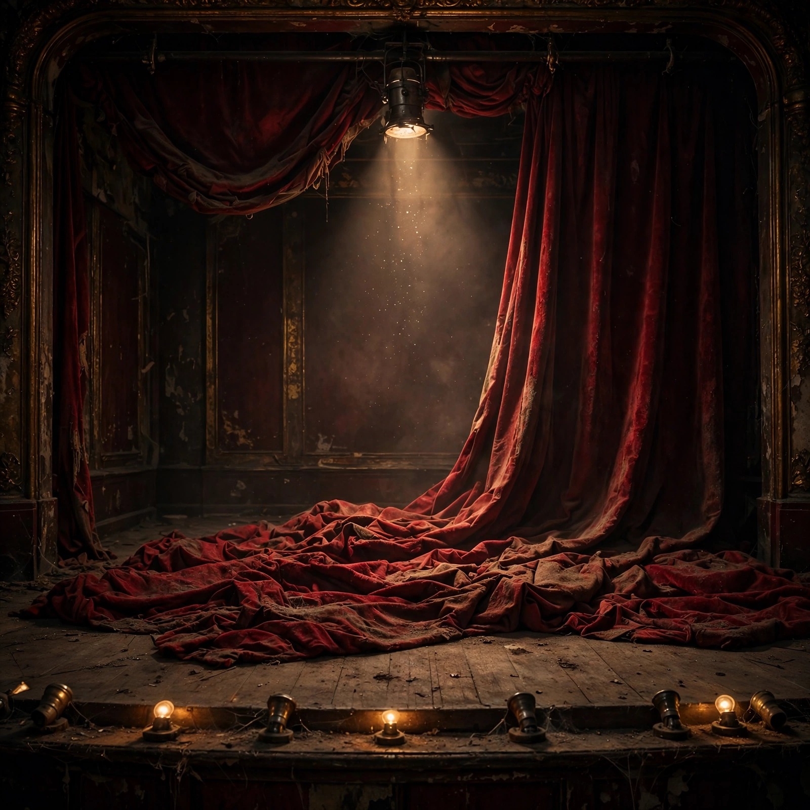 Empty Theatre Stage with Fallen Curtain