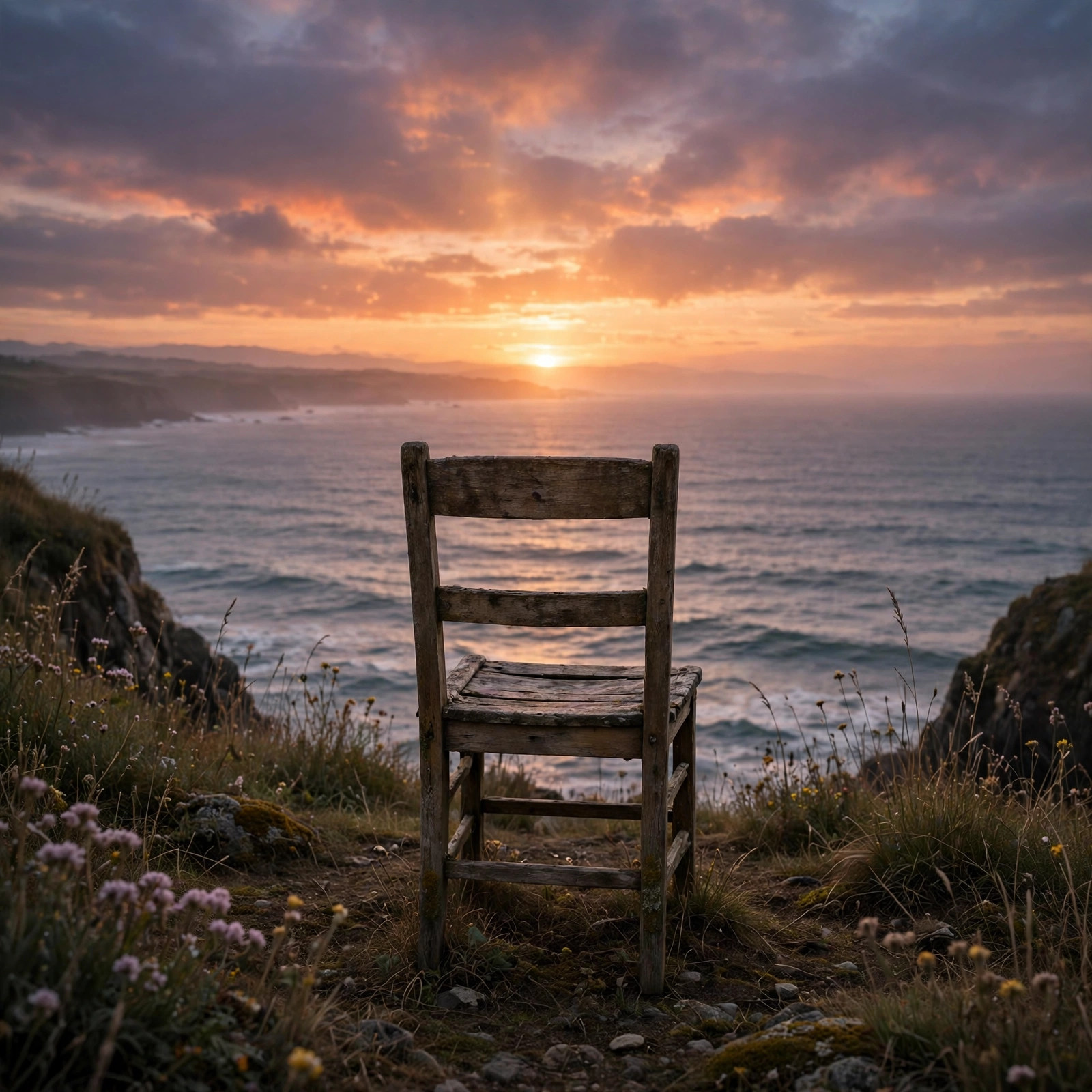 Empty wooden chair facing the ocean at a lonely sunset