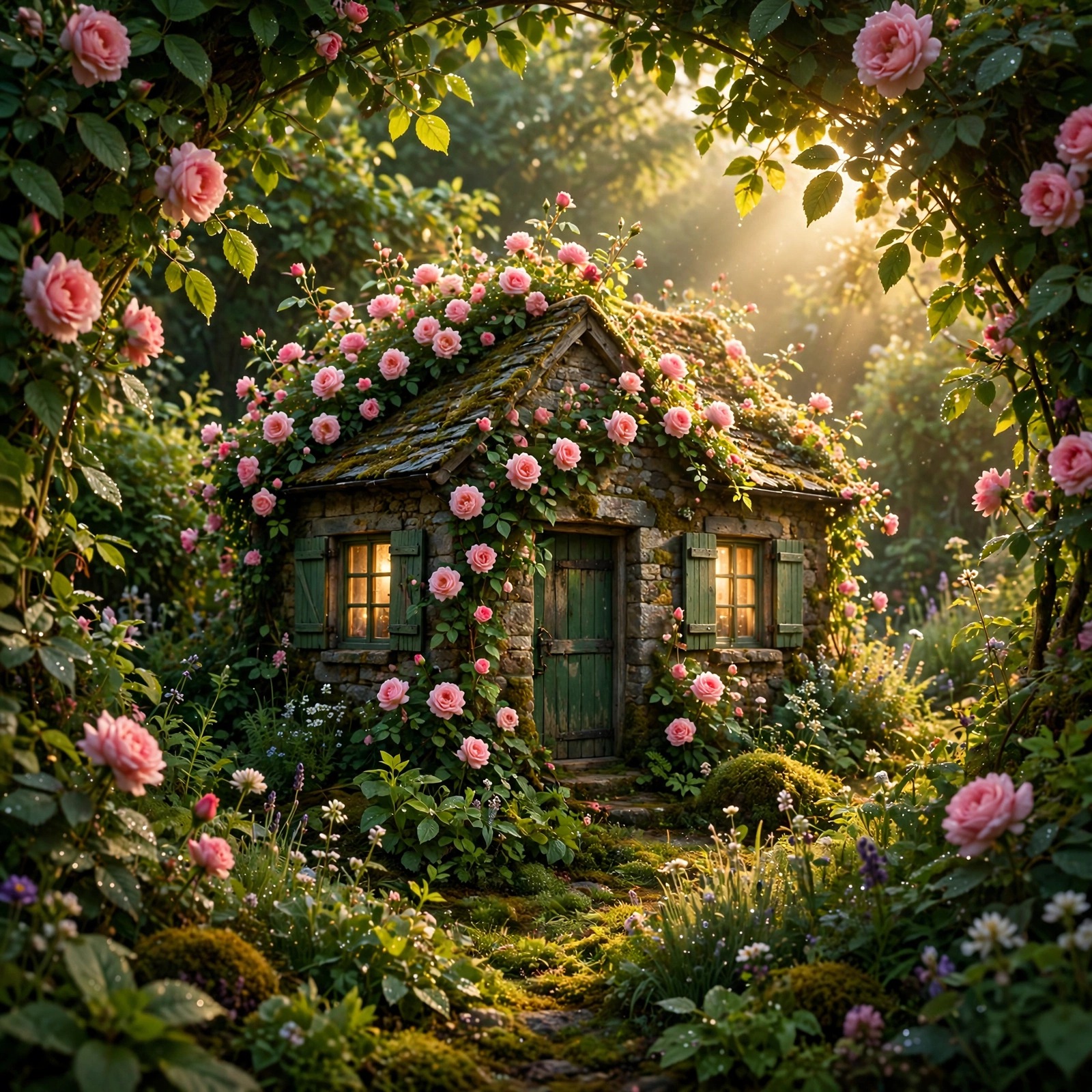 Stone cottage covered in roses in morning dew and golden light