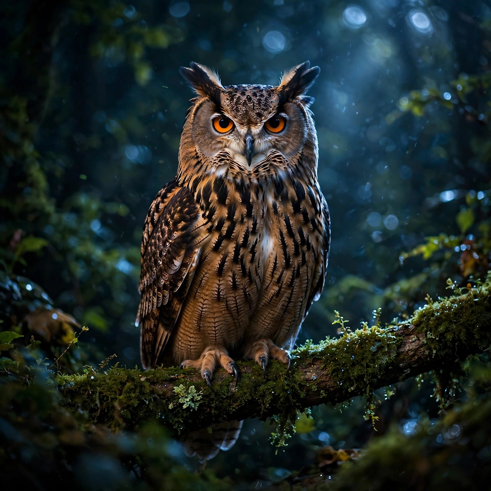 Eurasian eagle-owl with orange eyes perched on a mossy branch at night