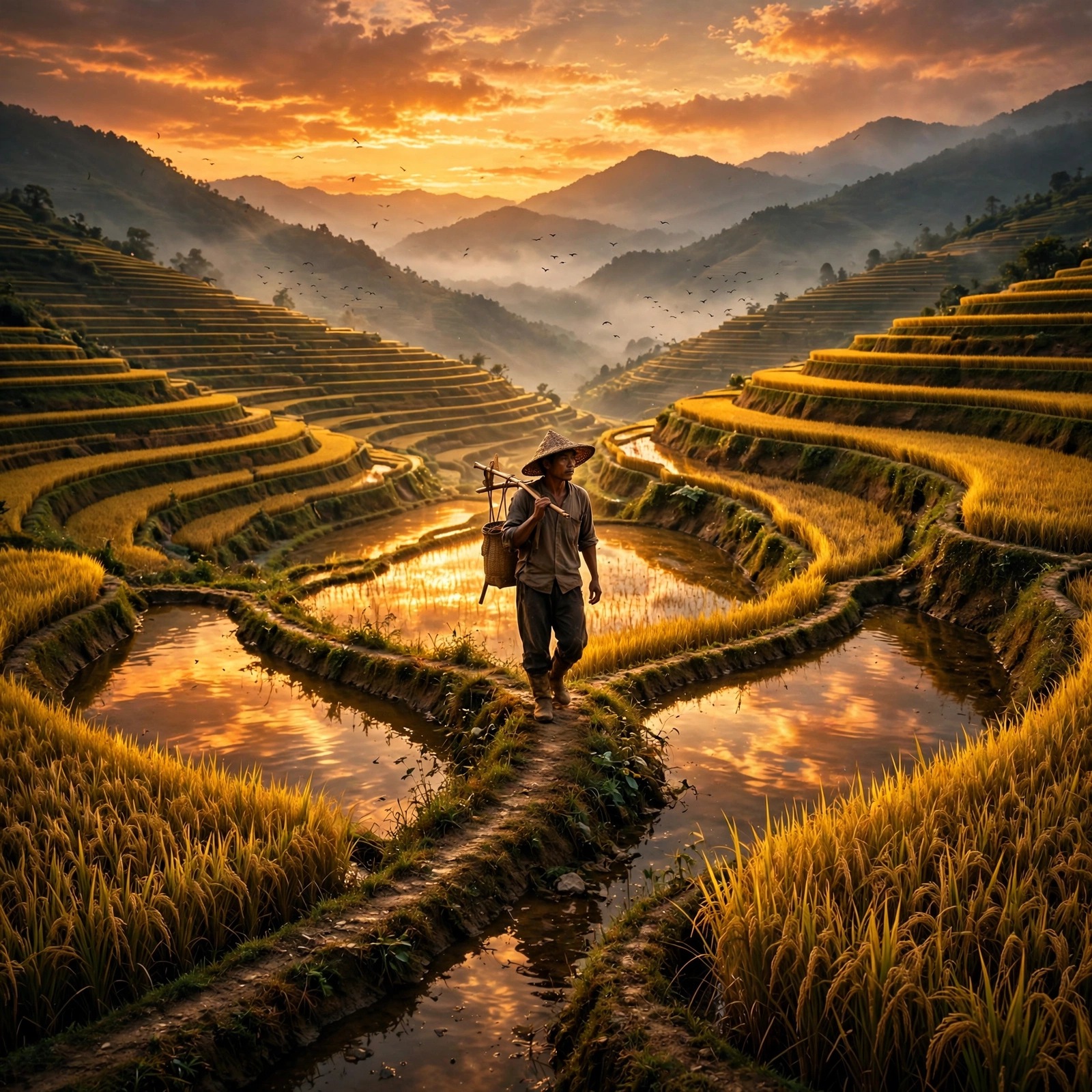 Lone farmer walking golden terraced rice fields at harvest dusk, motivational DP