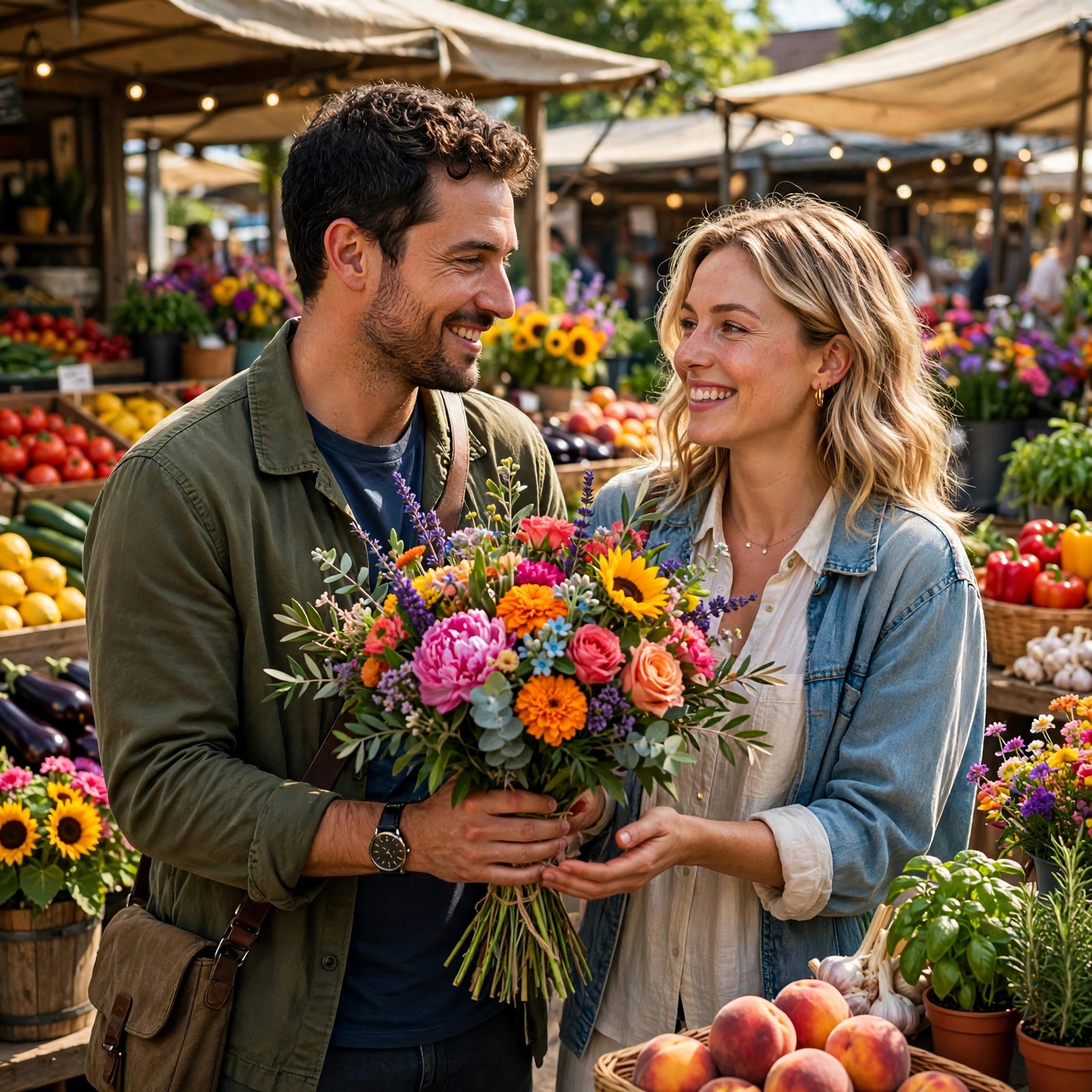 Couple with a Flower Bouquet at the Farmers Market