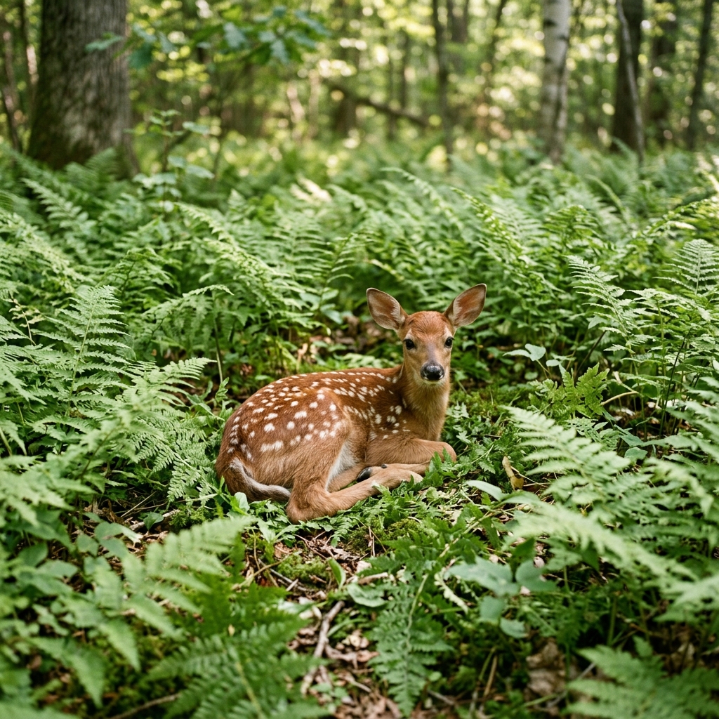 A spotted fawn rests in a quiet glade of soft green ferns