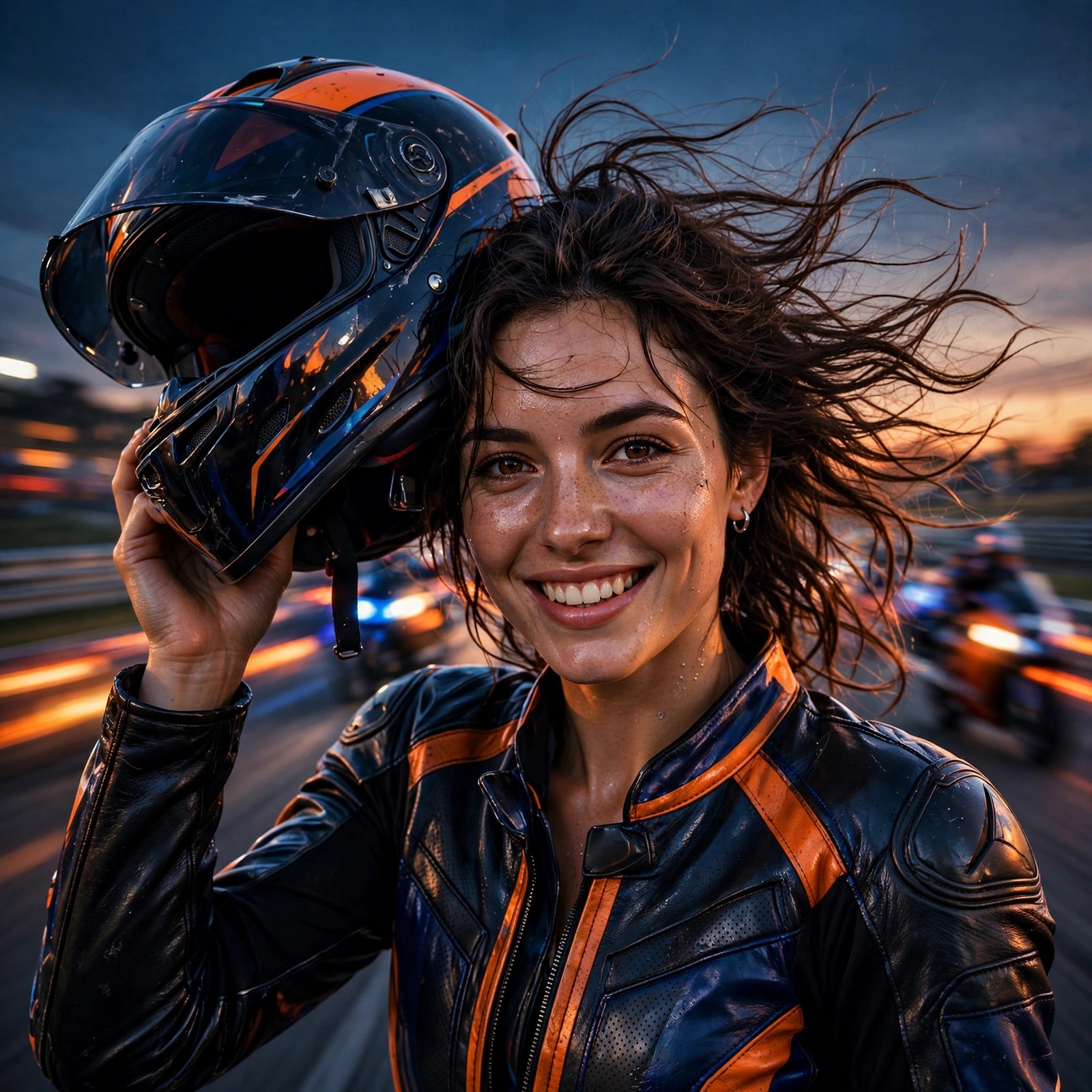 fearless racer woman with helmet at dusk