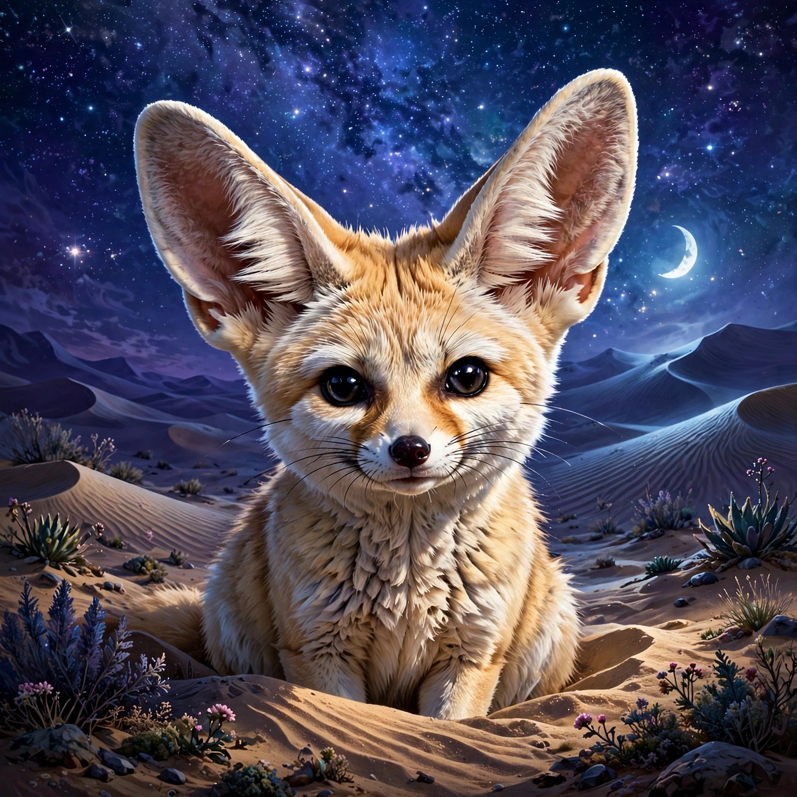 Fennec fox with huge ears under a starry desert night sky with crescent moon and moonlit dunes