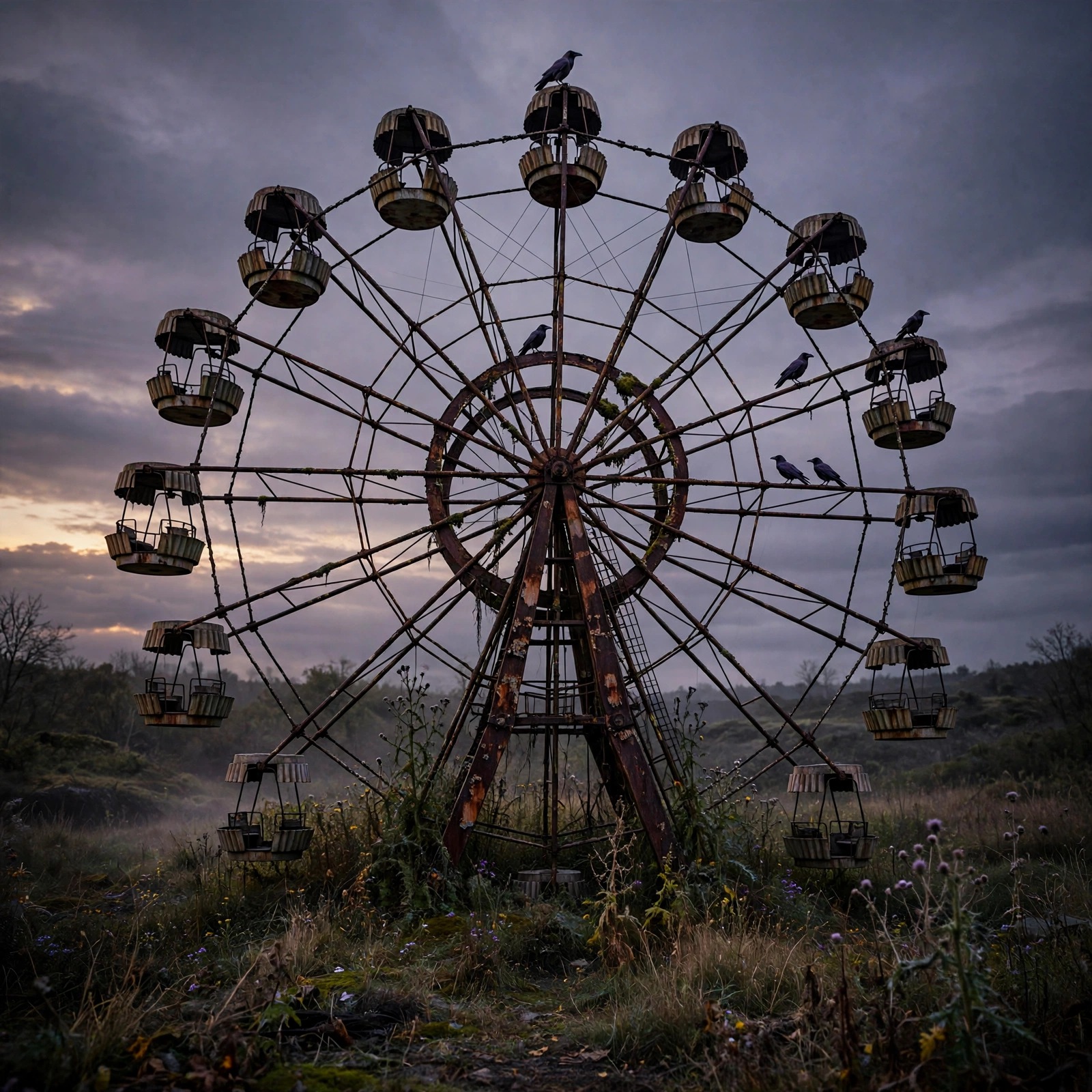 rusted ferris wheel frozen motionless at bleak dusk sad dp