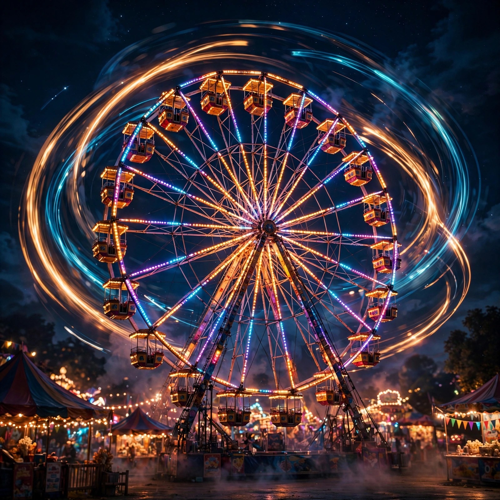 Ferris wheel glowing with colorful carnival lights against a deep night sky, square WhatsApp DP