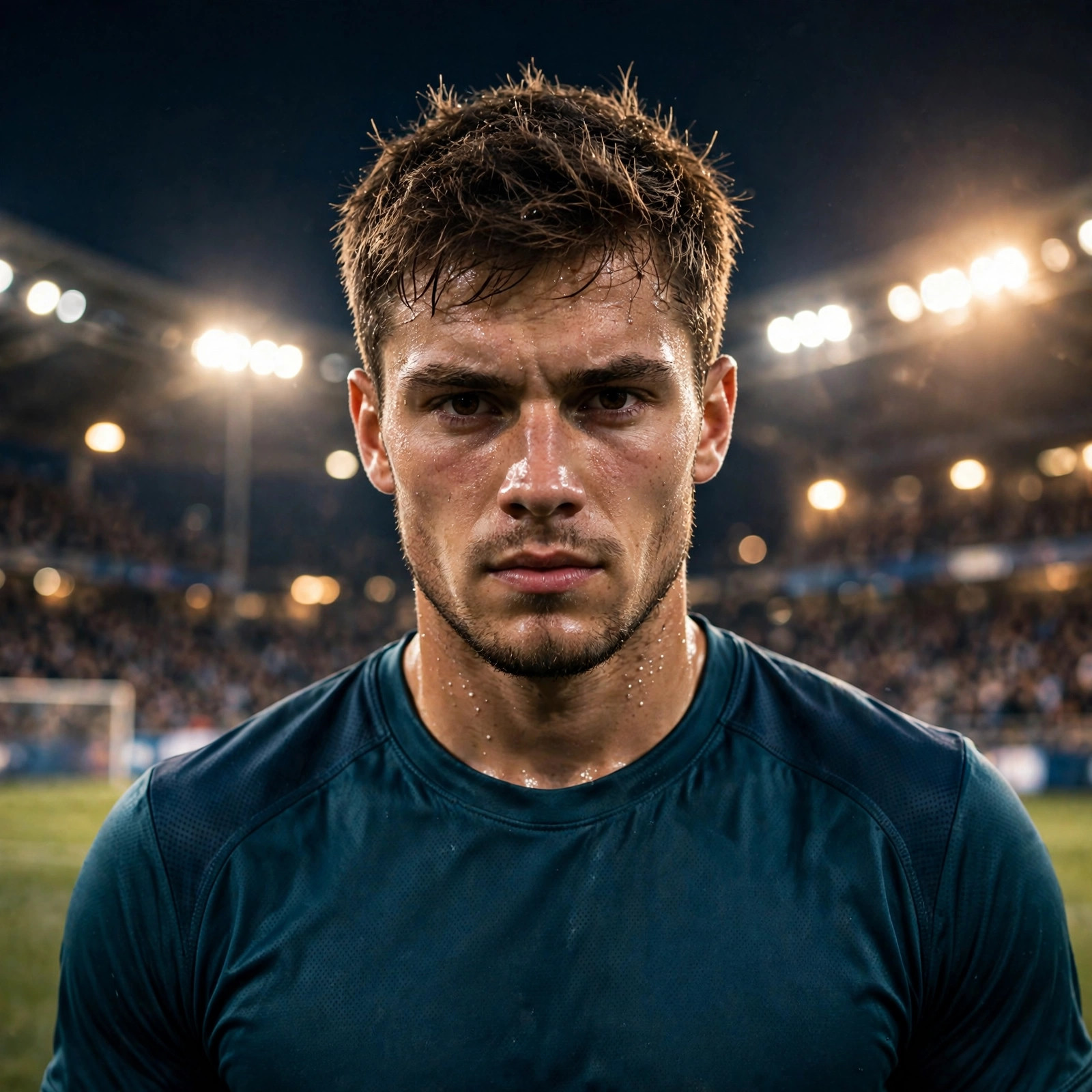 Fictional athletic young man in a sports jersey under bright stadium floodlights at night